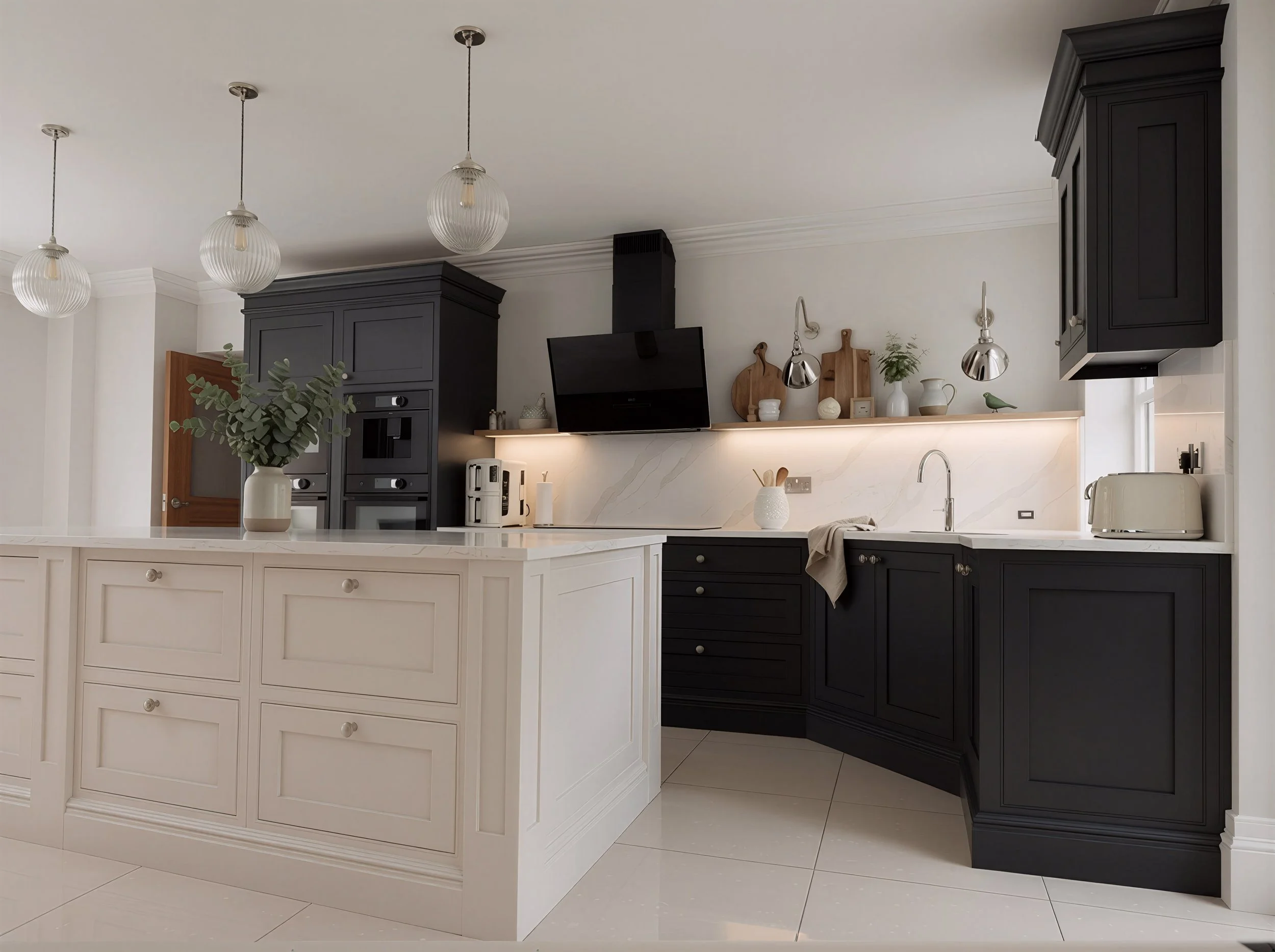 Modern kitchen with black and white cabinetry, marble backsplash, pendant lights, and decorative items on the shelves.