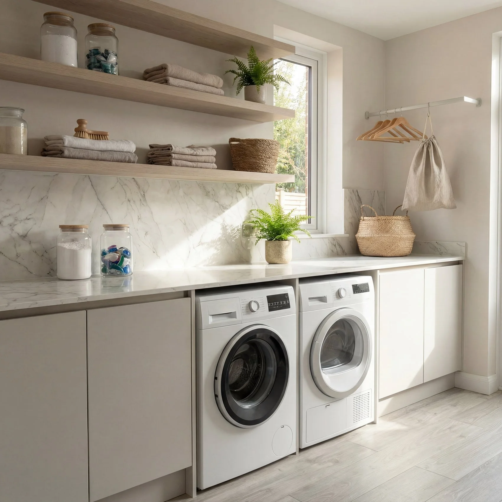 A laundry room with a white washer and dryer, beige cabinets, wooden shelves with towels and jars, a small window, and various plants.