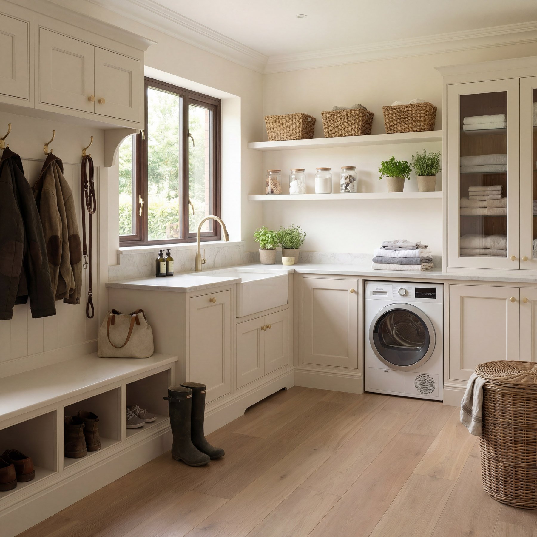 A laundry room with a white cabinet, open shelving, a window, a sink, a washing machine, and storage baskets, with folded towels and plants.