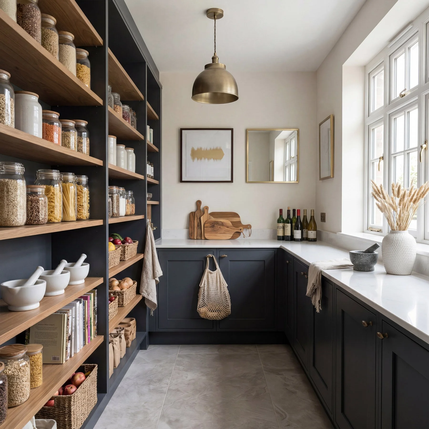 A modern kitchen with dark cabinets, white marble countertops, and open wooden shelves filled with jars of dry goods. A large window lets in natural light, with decorative art and mirrors on the wall, and wine bottles on the counter.