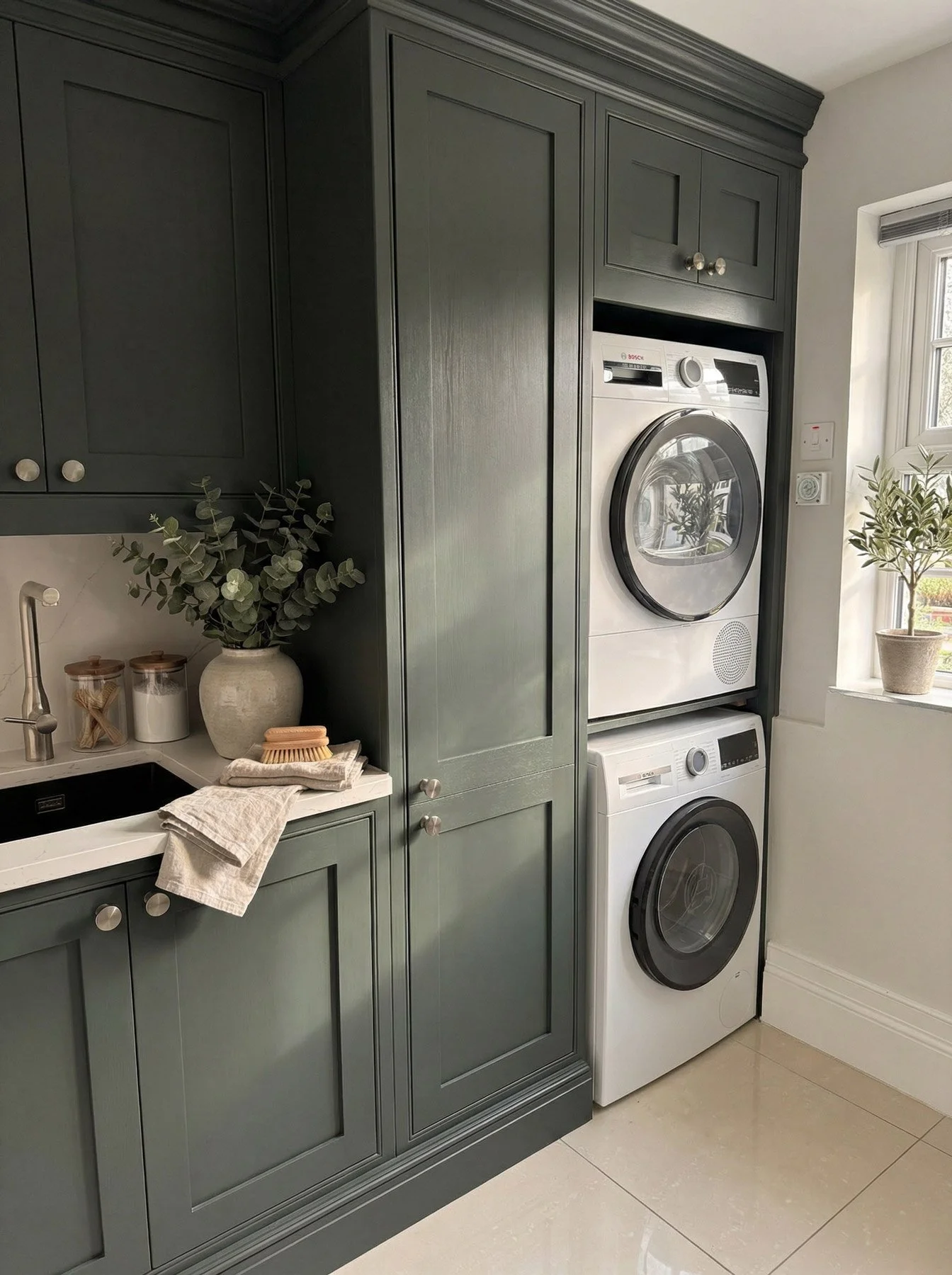 philip-charles-kitchens-bespoke-utility-room-dark-green-cabinets-stacked-washer-dryer-1.jpg