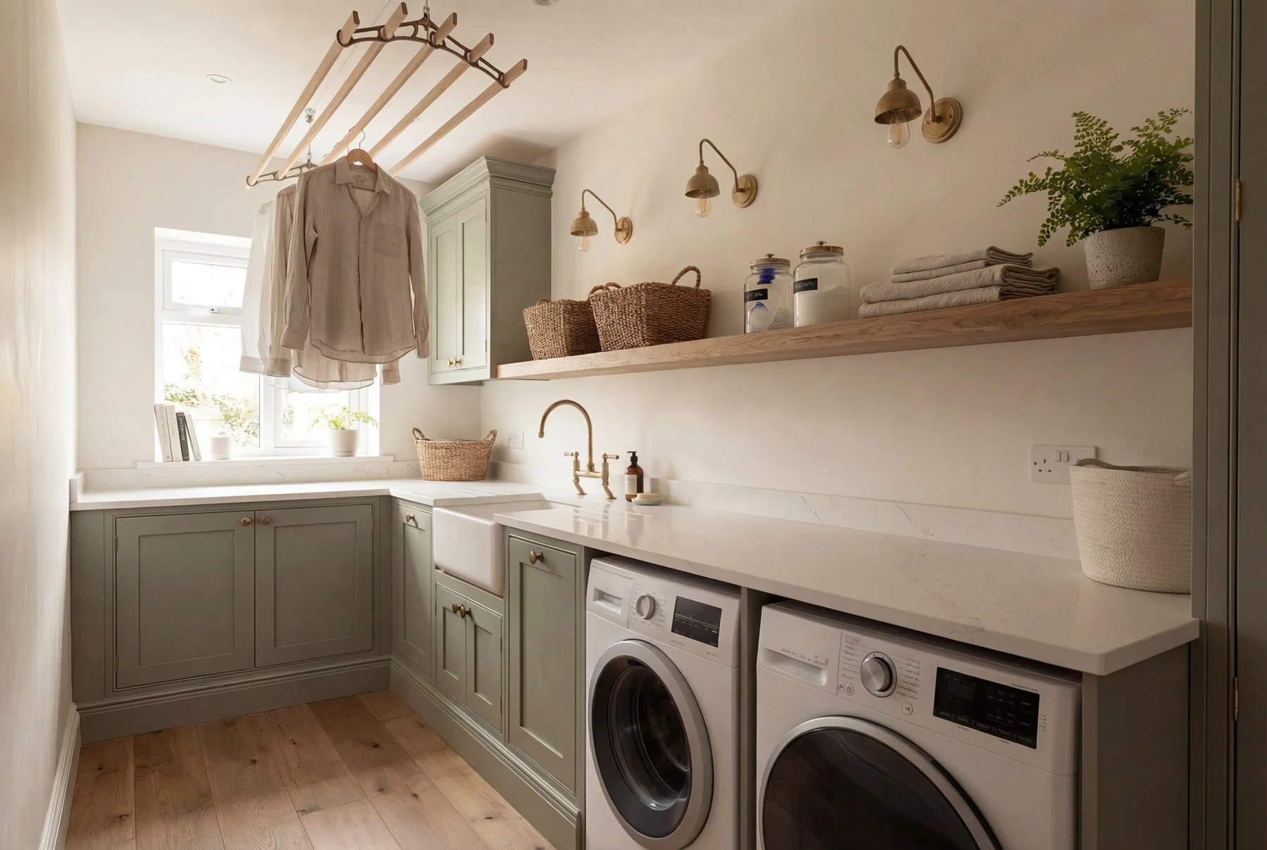 Laundry room with green cabinets, a white marble countertop, a window, a clothes drying rack with a shirt hanging, baskets, glass jars, neatly folded towels, a potted plant, and a washing machine and dryer.