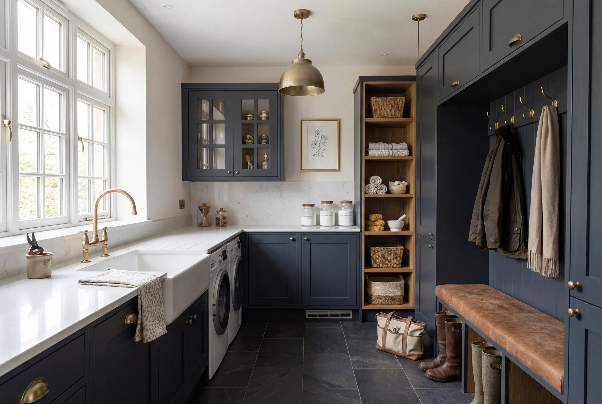A laundry room with dark blue cabinets, a white marble countertop, a large window, a farmhouse sink with a gold faucet, a washing machine and dryer, open wooden shelving with laundry supplies, hooks with coats and scarves, and a brown leather bench with boots underneath.
