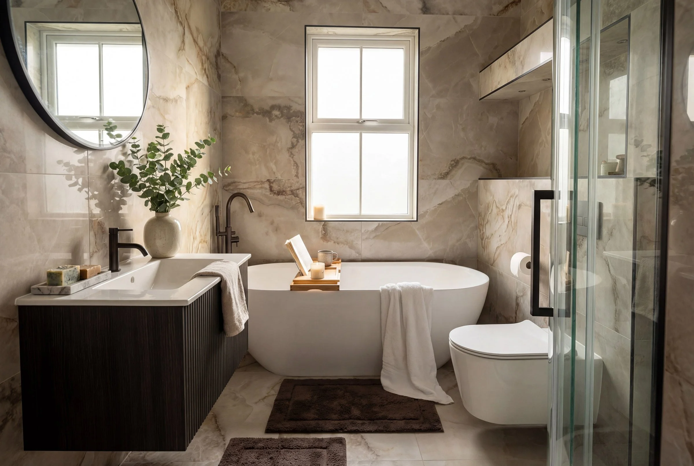 Modern bathroom with a stand-alone bathtub, a dark wood vanity with a white sink, a large window, a wall mirror, and a walk-in shower with glass door; decorated with a vase of green leaves, candles, and towels.