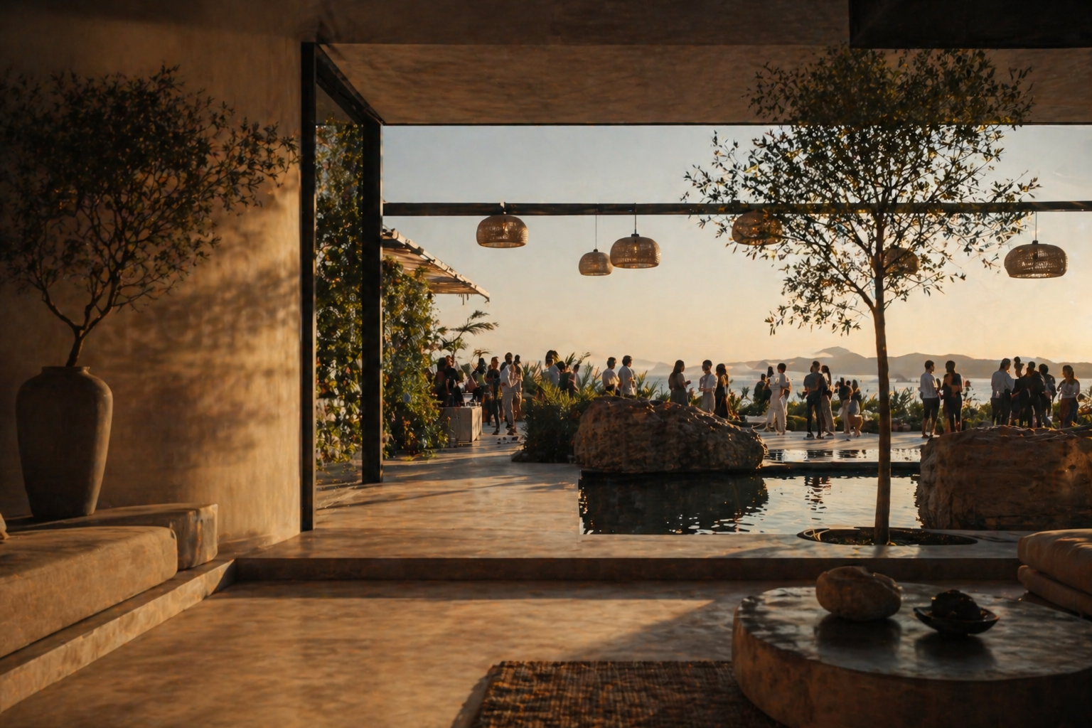 Vista de un espacio interior con vista a un grupo de personas reunidas en un área exterior, en un ambiente al atardecer con árboles, rocas y paisaje montañoso en el fondo.