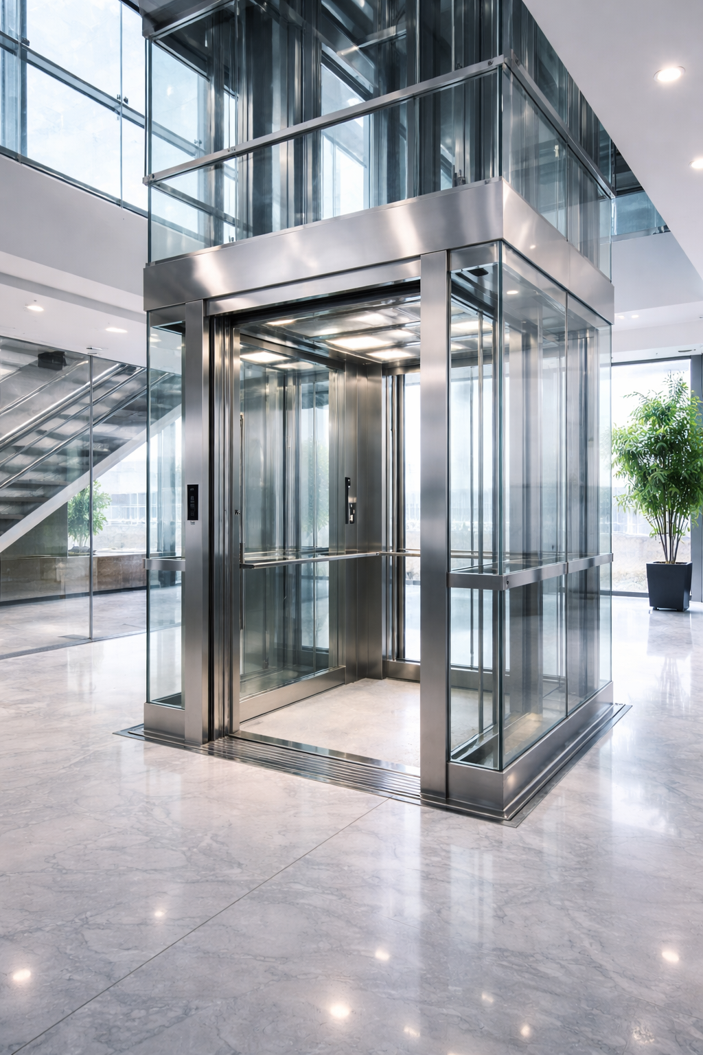 Ein moderner Aufzug in einem hellen, eleganten Bürogebäude mit Glas- und Metalldesign, umgeben von Glasscheiben und Pflanzen.