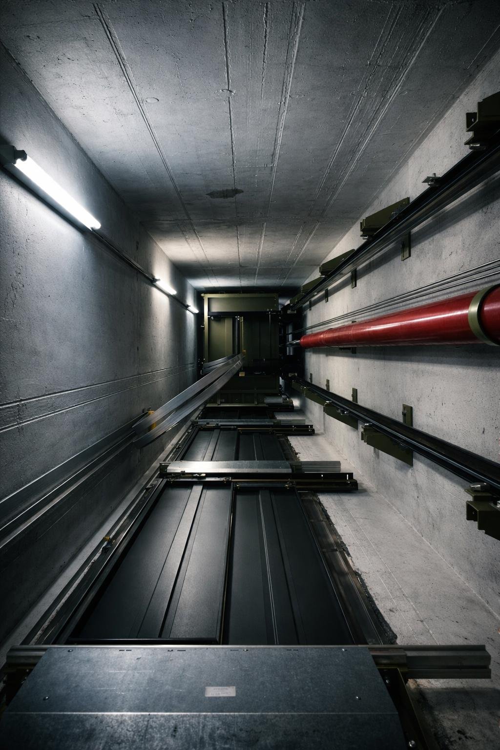 Werkzeugkiste mit verschiedenen Werkzeugen vor einem Aufzug in einer öffentlichen Halle, eine Person im Hintergrund schaut nach unten.