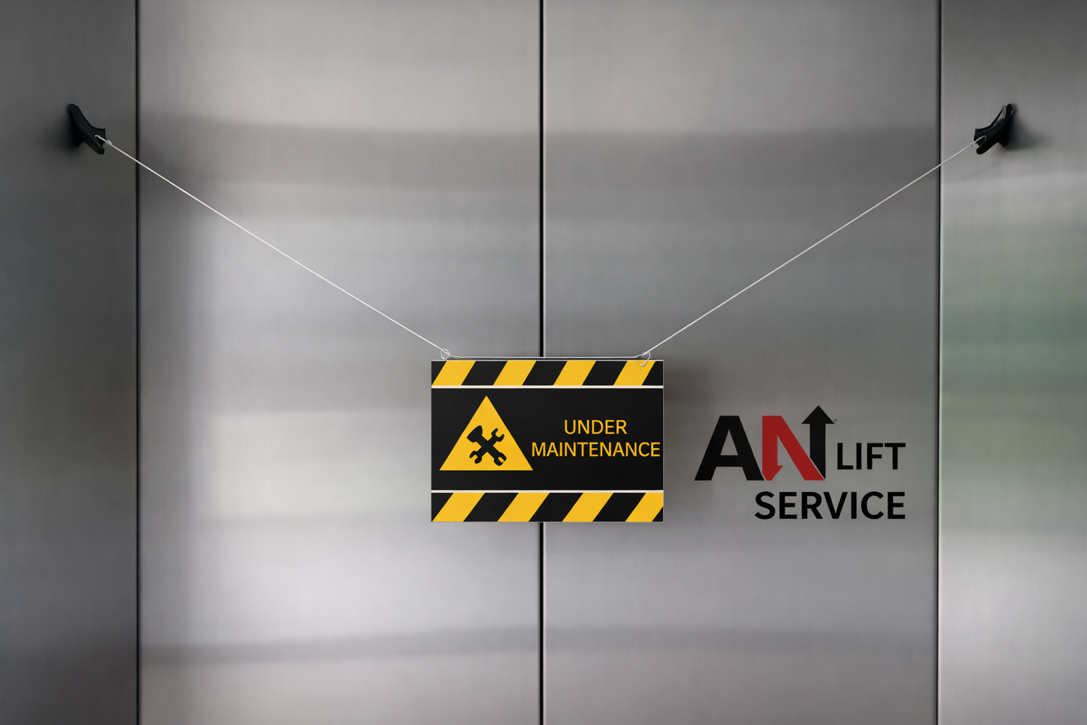 Metallene Aufzugstür mit einem schwarzen und gelben Wartungs- und Gefahrenschild, das besagt, dass der Aufzug gewartet wird, sowie ein Logo für einen Aufzugsservice.