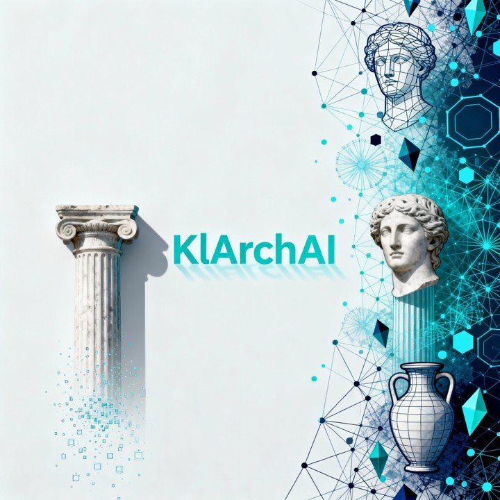 Digitaler Kunstentwurf mit antiken Säulenkapitellen, antiken Vasen und Zeichen der Künstlichen Intelligenz, daneben der Schriftzug 'KIAchAI'