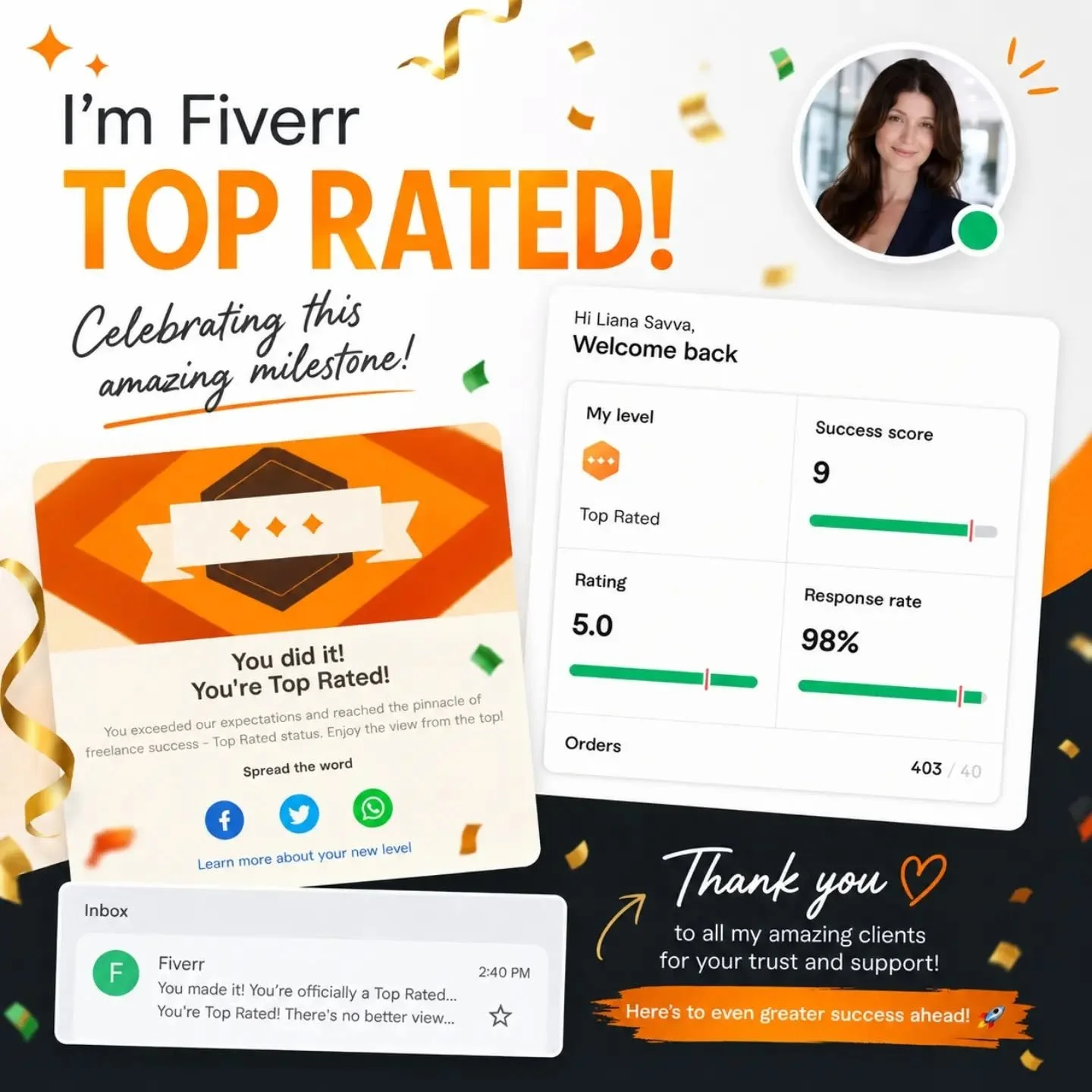 Still processing this milestone&hellip; 🧡

Officially Fiverr Top Rated! 🚀
From coaching Meta Ads clients, building systems, fixing ad accounts, strategy calls, late nights, and nonstop learning&hellip; this means a lot.

Thank you to every client w