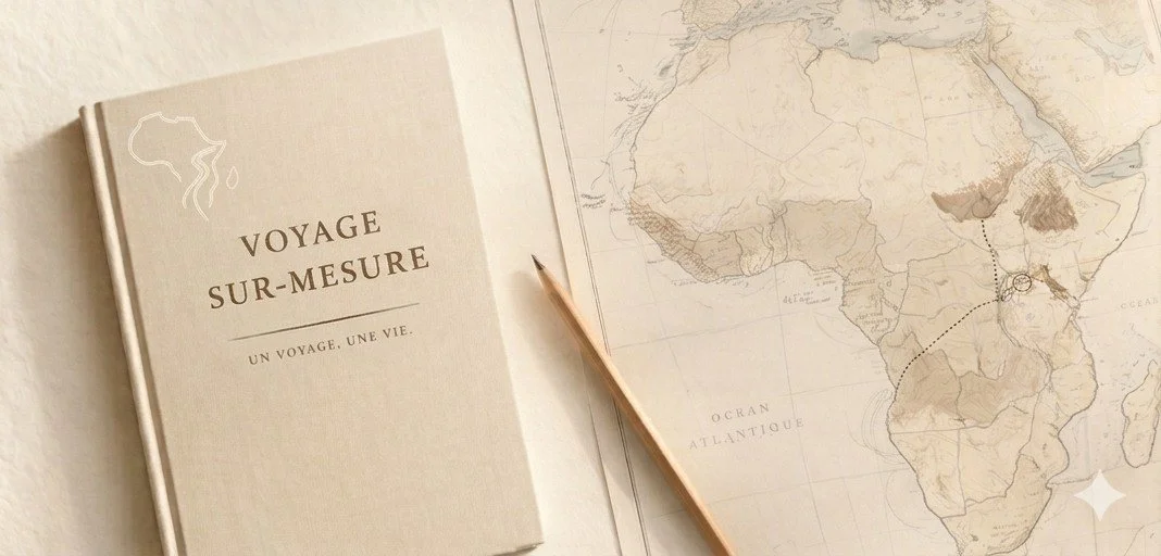Un livre intitulé "Voyage Sur-Mesure" posé à côté d'une carte de l'Afrique avec un stylo posé dessus.