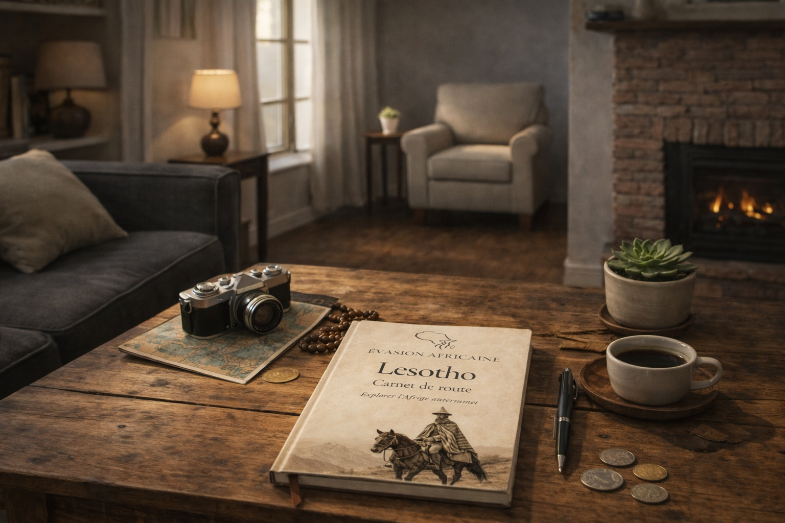 Intérieur d’un salon cozy avec un meuble en bois, une lampe, un fauteuil blanc, une cheminée et une table avec un carnet de voyage intitulé 'Lesotho', un appareil photo vintage, une tasse de café, un pen, des pièces de monnaie, et une petite plante.