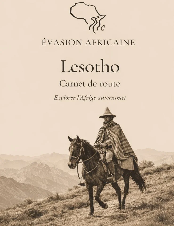 Couverture d'un carnet de voyage intitulé « Évasion Africaine », avec un dessin d'une carte de l'Afrique en haut, et une photo en noir et blanc d'un homme en vêtements traditionnels africains à cheval dans un paysage montagneux.
