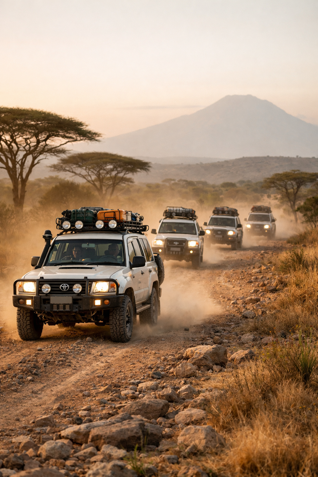 Une file de véhicules tout-terrain parcourant une route poussiéreuse dans la savane africaine, avec des acacias et une montagne en arrière-plan, au coucher du soleil.
