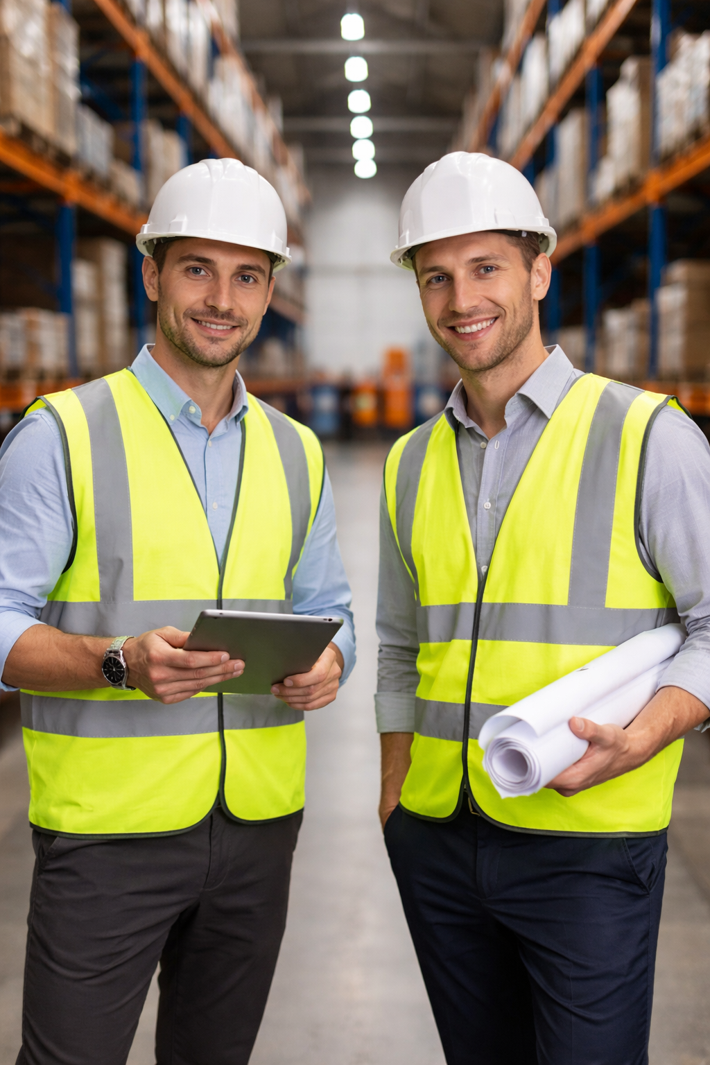 Zwei Männer in Sicherheitshelmen und reflektierenden Westen stehen in einem Lagerhaus, der eine hält ein Tablet, der andere einen Bauplan.