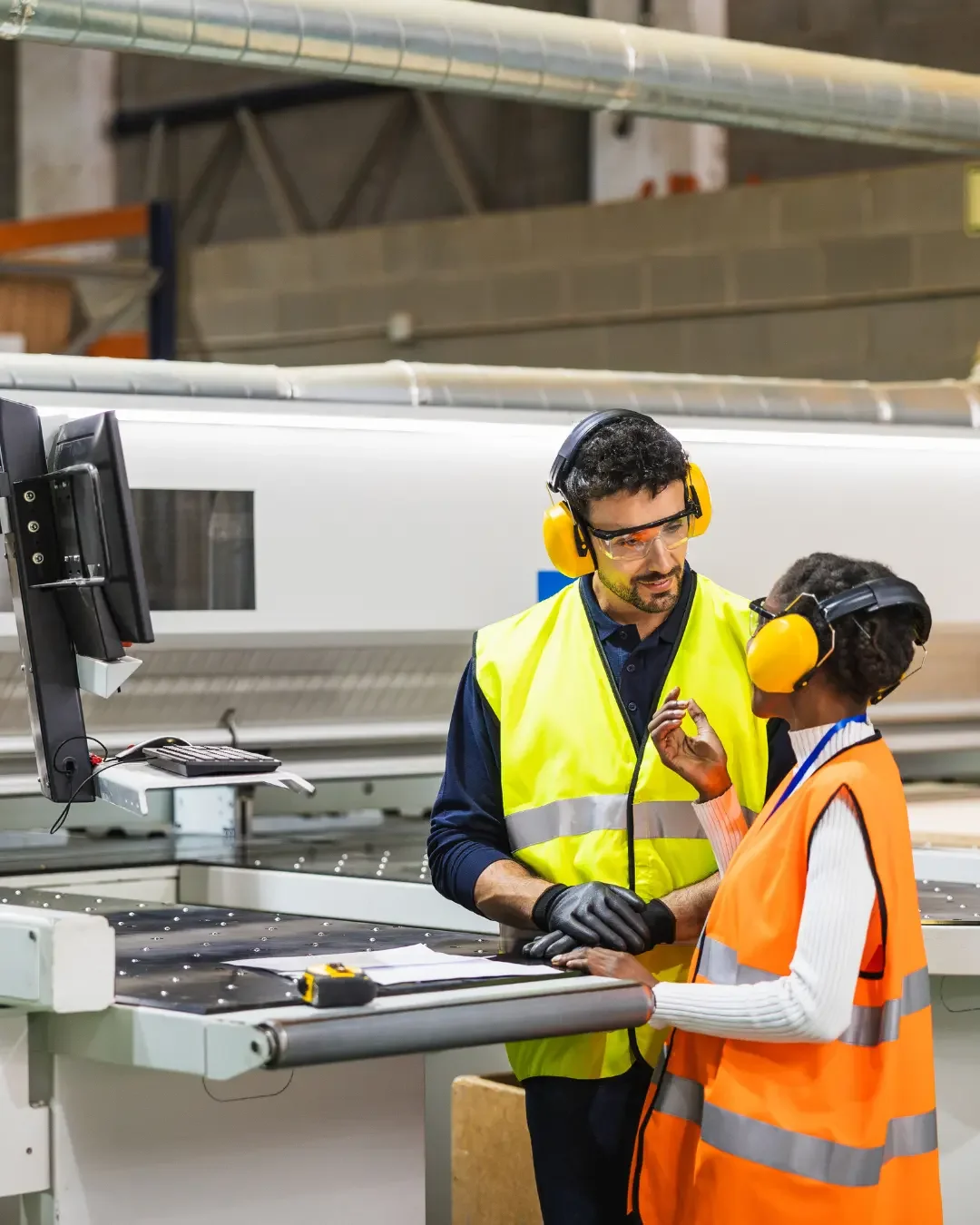 Zwei Arbeiter in einer Fabrik sprechen miteinander, eine trägt ein orange Sicherheitsweste und die andere eine gelbe, beide tragen Gehörschutz und Schutzbrille, an einem werkzeugähnlichen Gerät.