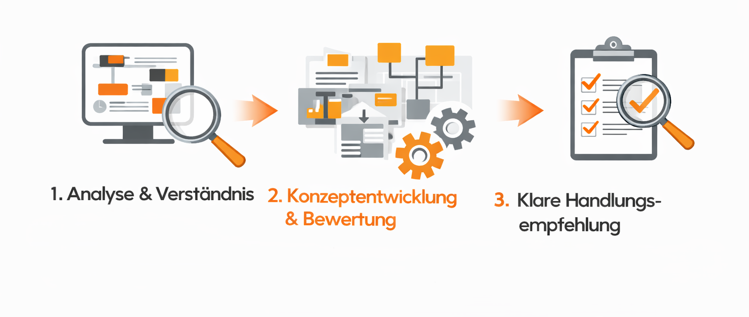 Eine Infografik zeigt drei Schritte eines Prozesses: 1. Analyse & Verständnis, 2. Konzeptentwicklung & Bewertung, 3. Klare Handlungsempfehlung. Es enthält Symbole wie Computerbildschirm, Diagramme, Zahnräder, Checklisten und Lupen.