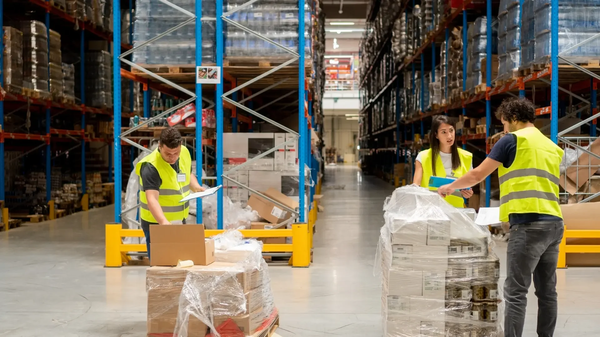 Drei Lagerarbeiter in gelben Sicherheitswesten in einem Lager mit hohen Regalen, die Paletten mit Produkten verpacken und prüfen.