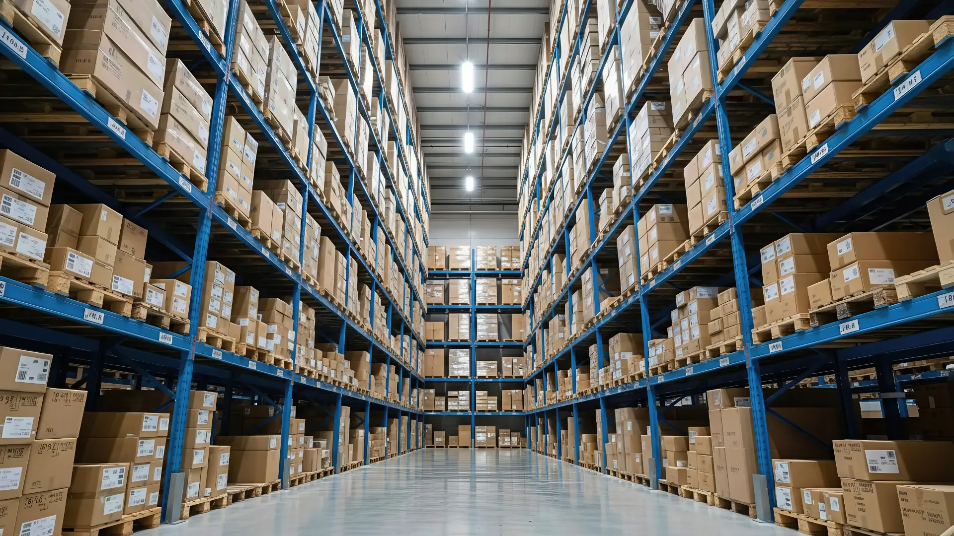 Blick in ein großes Lager mit hohen Regalen, voll mit Kartons auf Paletten, in einer Lagerhalle mit hellem Licht.