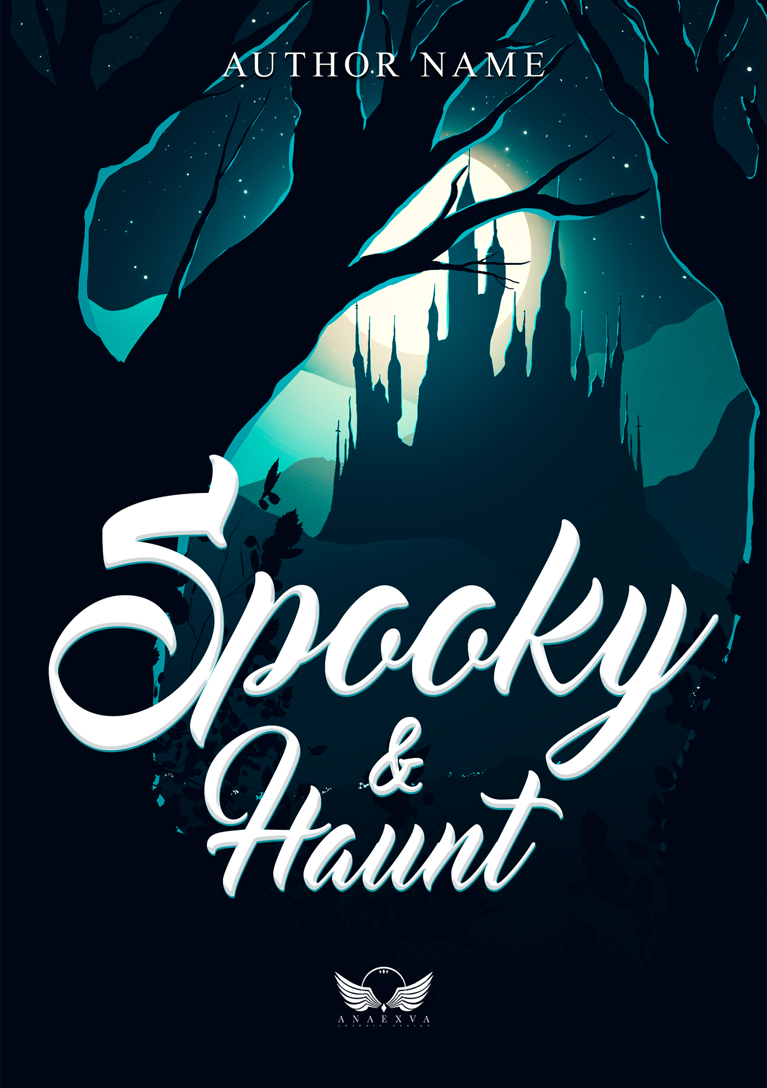 Une illustration sombre avec une arbre et une lune en arrière-plan, avec le texte blanc "Spooky & Haunted" écrit en gros dans la partie centrale. Logo en bas avec des ailes et le texte "A.NAEXVA".