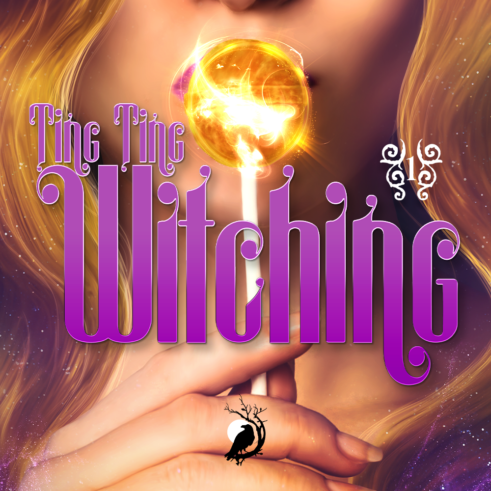 Une main tenant une baguette magique avec une boule de feu brillante au sommet. Texte superposé "The Thing Witching" en lettres violettes stylisées. Fond coloré avec des éléments de magie et d'énergie.
