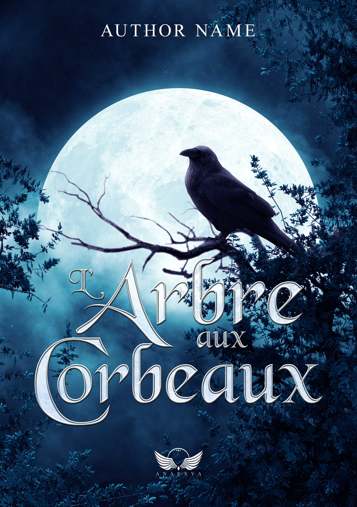 Une image avec une grande lune lumineuse en arrière-plan, un corbeau perché sur une branche devant la lune, entouré d'arbres. Il y a du texte en français, notamment 'L'Arbre aux Cœurs' et 'ANNEXVA' avec un logo d'ailes d'oiseau.