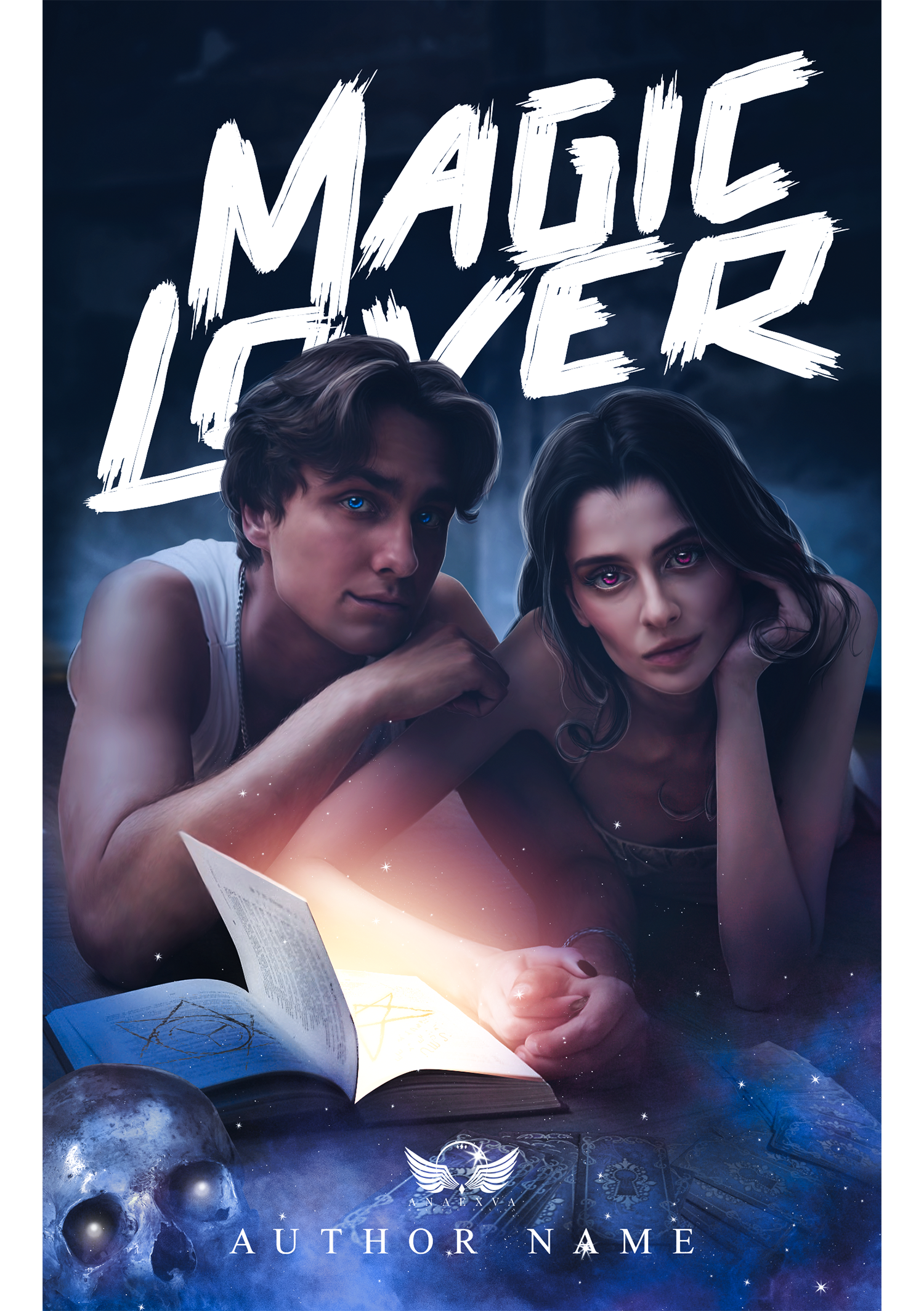 Une illustration de style fantastique avec un homme et une femme allongés devant un livre ouvert qui dégage une lumière magique. L'arrière-plan est sombre avec des planètes, des étoiles et des crânes. Le texte en haut dit "Maître Lover" et en bas une zone pour le nom de l'auteur.