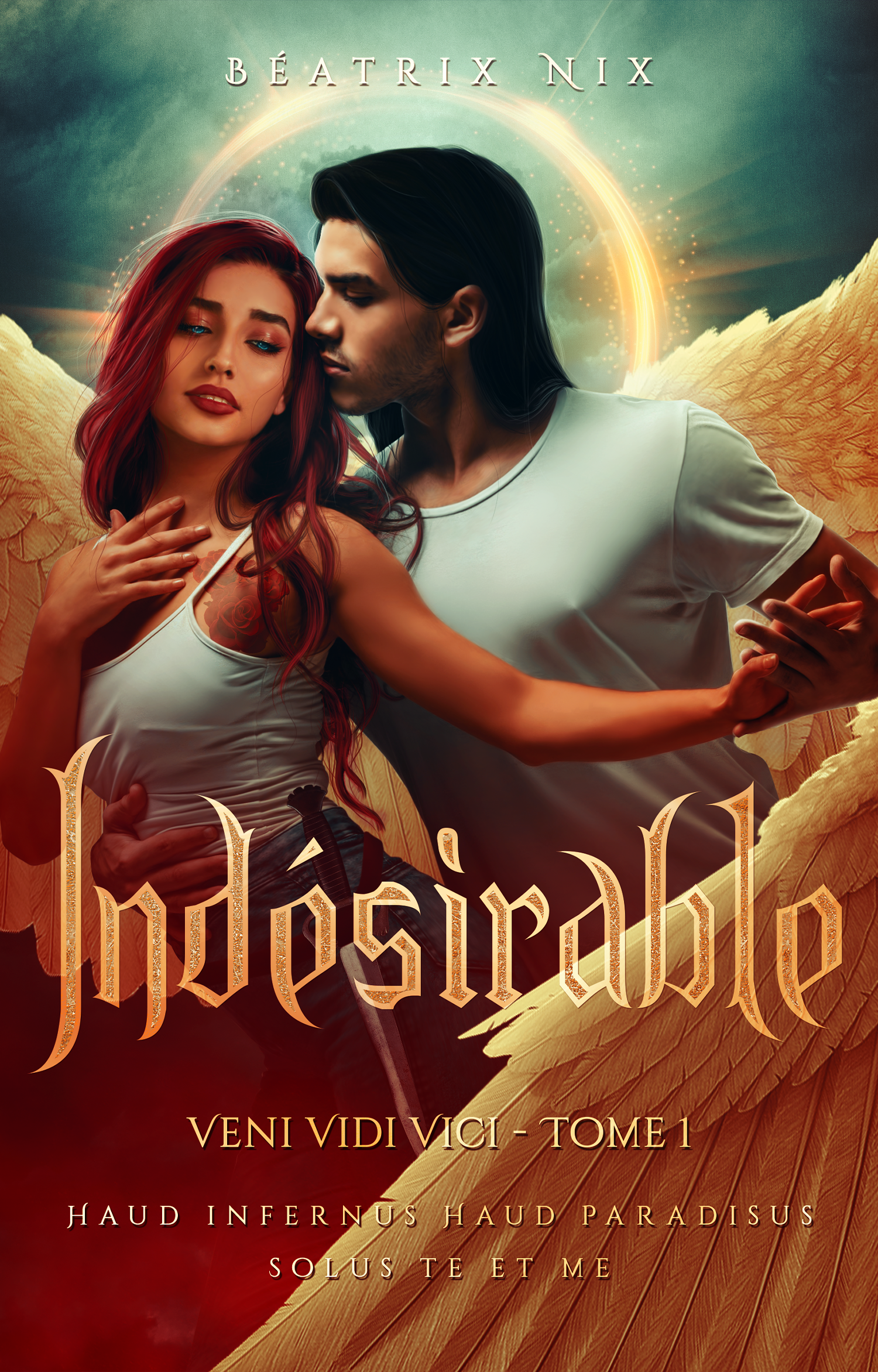 Une affiche de livre représentant une femme aux cheveux rouges et un homme aux cheveux noirs, dans un style fantastique, avec un fond de montagnes dorées et un halo lumineux. Le titre du livre est 'Hybris' et il est écrit en latin avec la phrase 'Ven