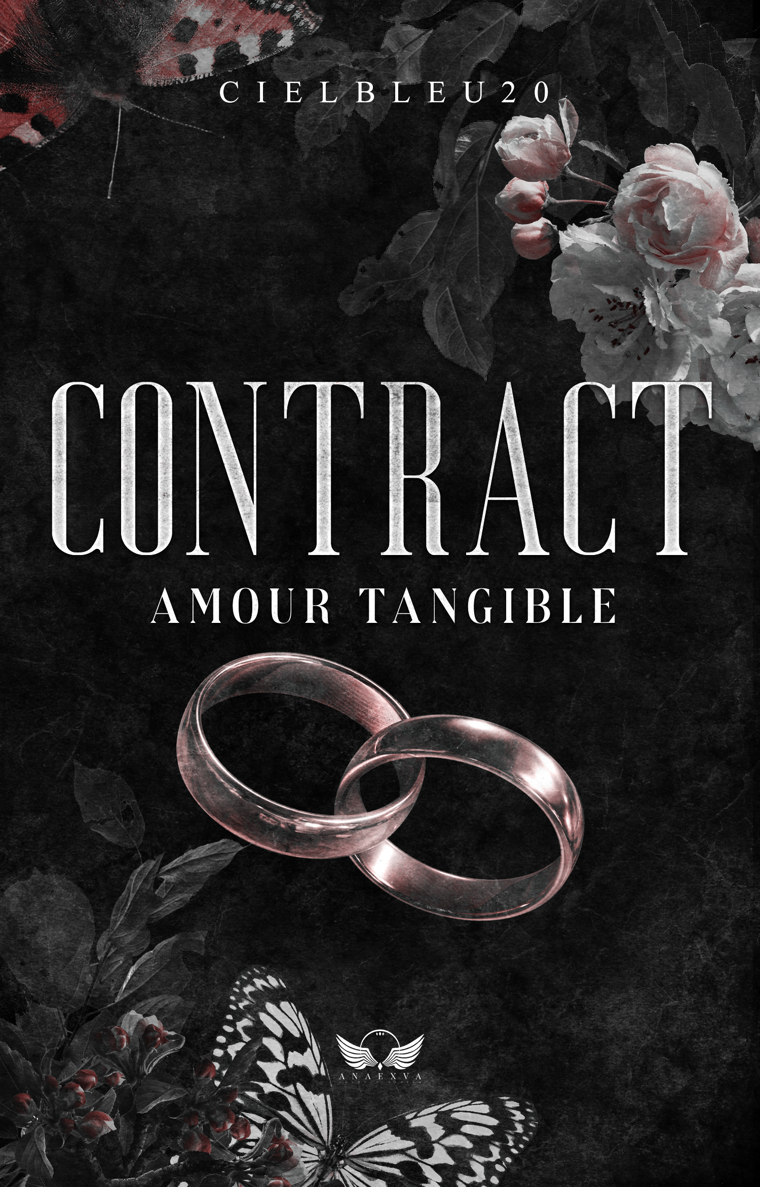 Livre intitulé "CONTRAT: Amour Tangible" avec des anneaux en cristal, des fleurs et un papillon sur une couverture sombre et artistique