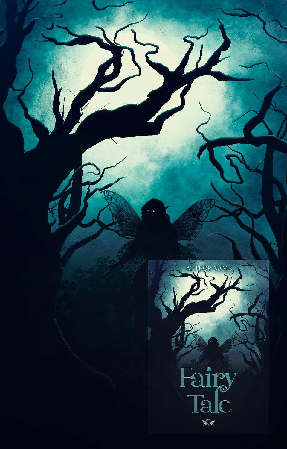 Couverture d'un livre illustrée avec une silhouette de fée aux ailes de papillon sombre, perchée entre des branches d'arbre tordues sous un ciel nuit lumineux.