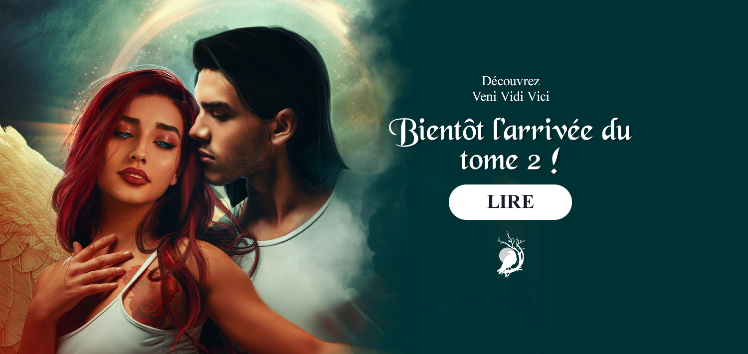 Une affiche promotionnelle avec deux personnes : une femme aux cheveux rouges et une homme aux cheveux longs noirs, en mode romantique. Texte en français annonçant la sortie du tome 2 d'une série, avec un bouton "LIRE" et un logo de sorcière stylisée