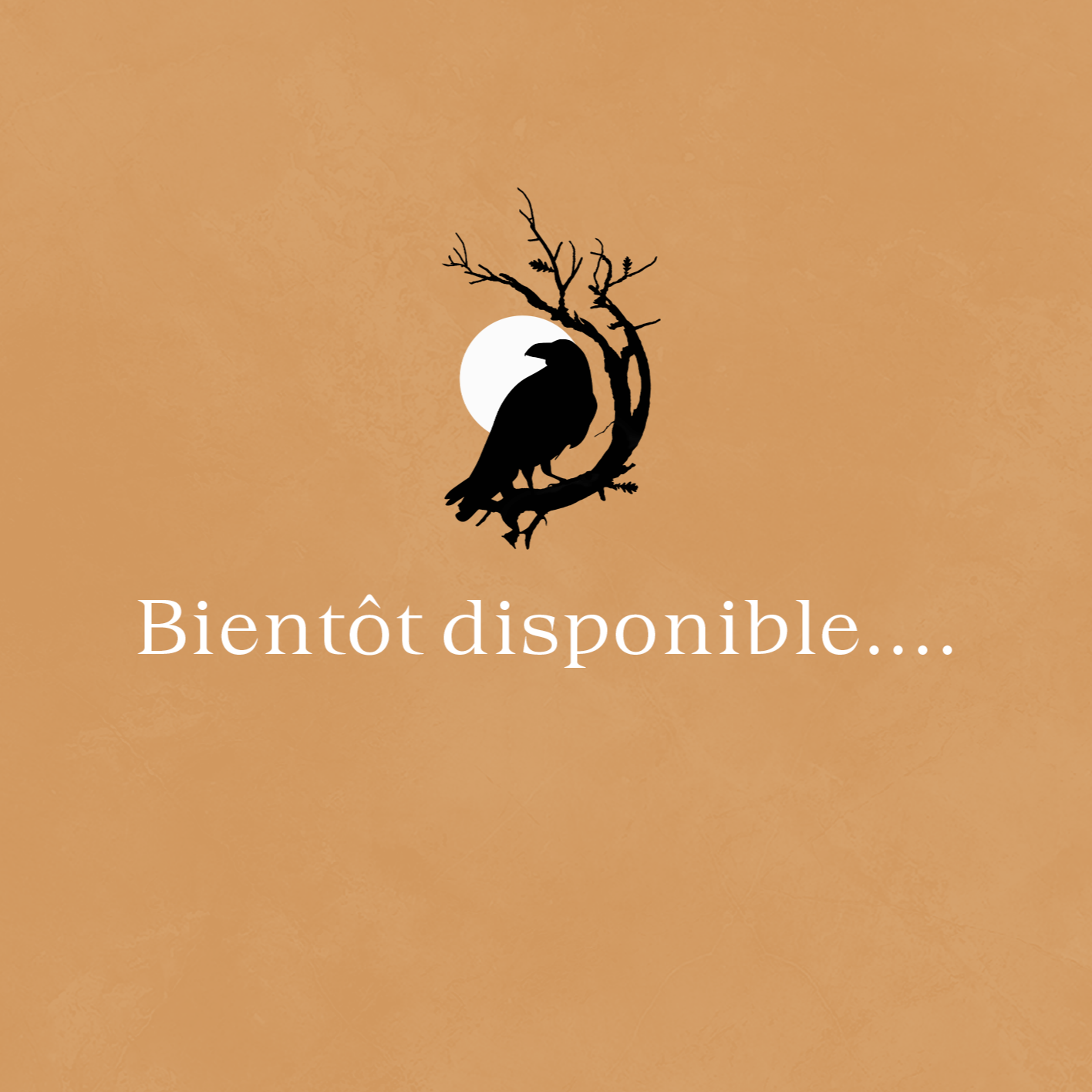Message annonçant que quelque chose sera bientôt disponible, avec une illustration d'un oiseau perché sur une branche d'arbre devant un cercle blanc, sur un fond beige.