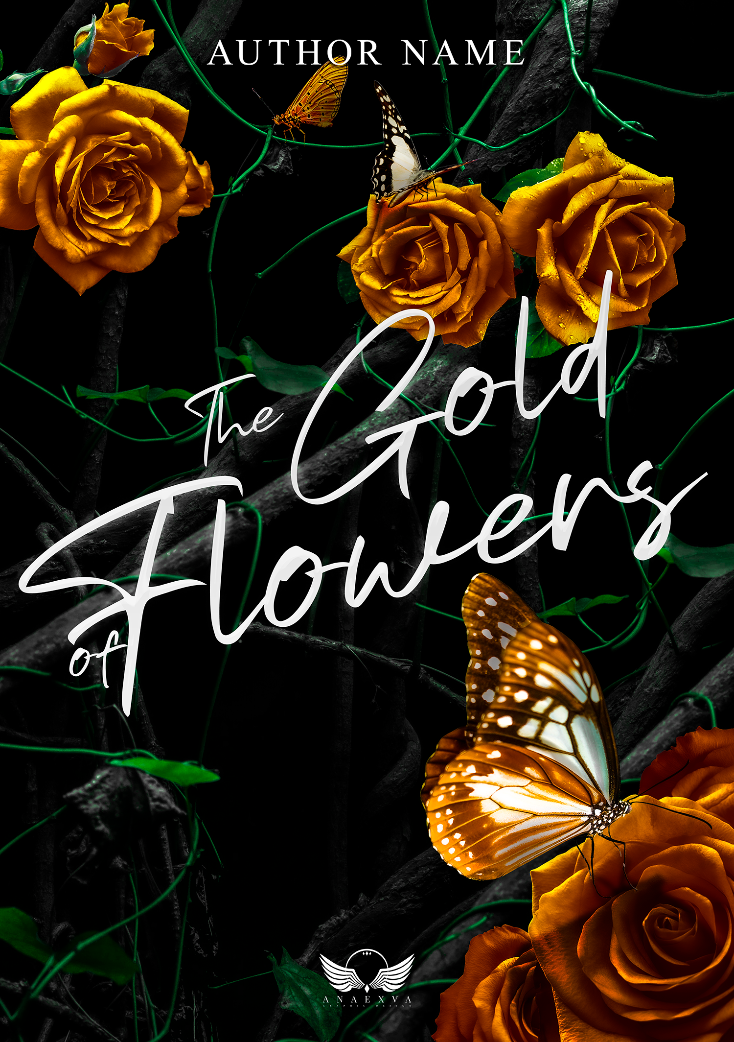 Une composition de fleurs orange avec des papillons colorés sur un fond noir, comprenant un texte en cursive et un logo en bas.