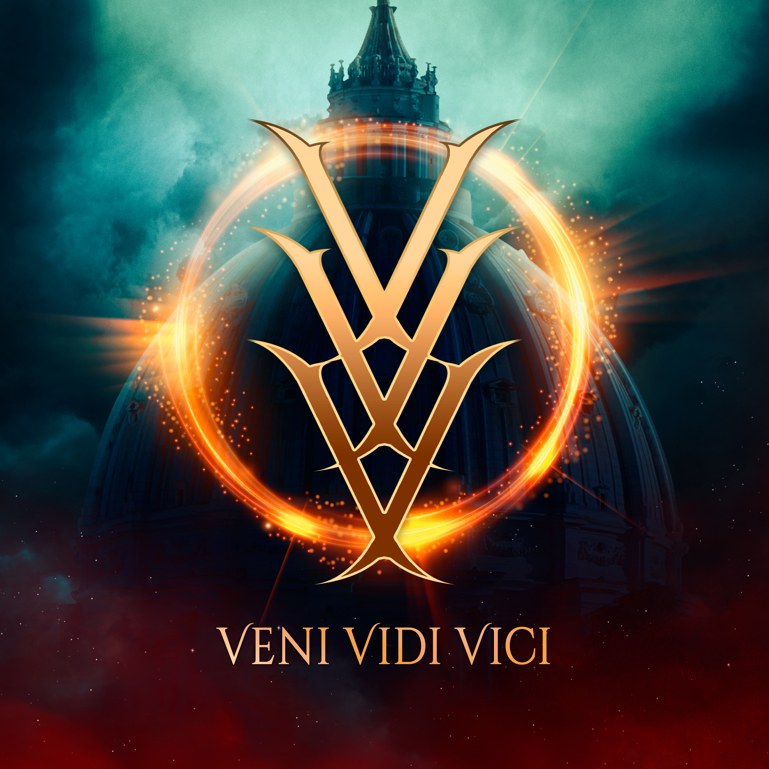 Une image de style digital avec une structure architecturale en haut, entourée d’un cercle lumineux orange et de petites étincelles. Au centre, un symbole en forme de V en or, et en dessous, une inscription en latin : 'Veni Vidi Vici'.