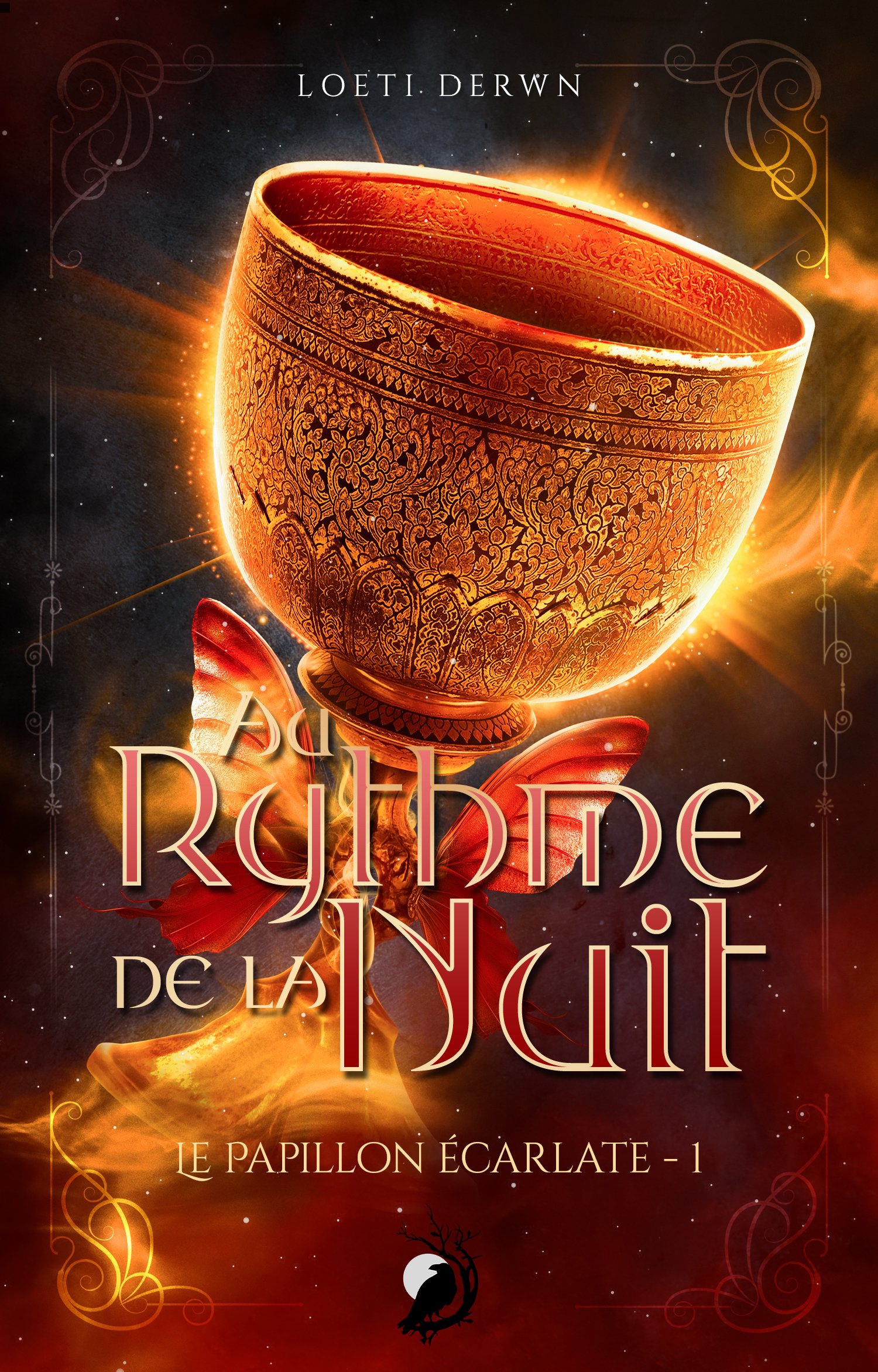 Coupe en or orné de motifs complexes flottant dans un ciel étoilé avec des ailes de papillon rouges et une lune noire