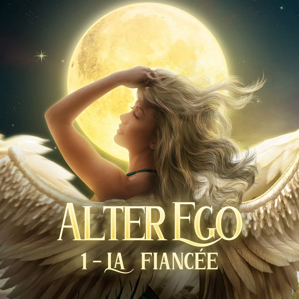 Une femme aux cheveux blonds, les yeux fermés, en position contemplative, avec de grands ailes blanches et un gros soleil jaune en arrière-plan, semblant voler ou flotter dans un ciel étoilé. Texte en français : "ALTER EGO 1 - LA FIANCÉE."