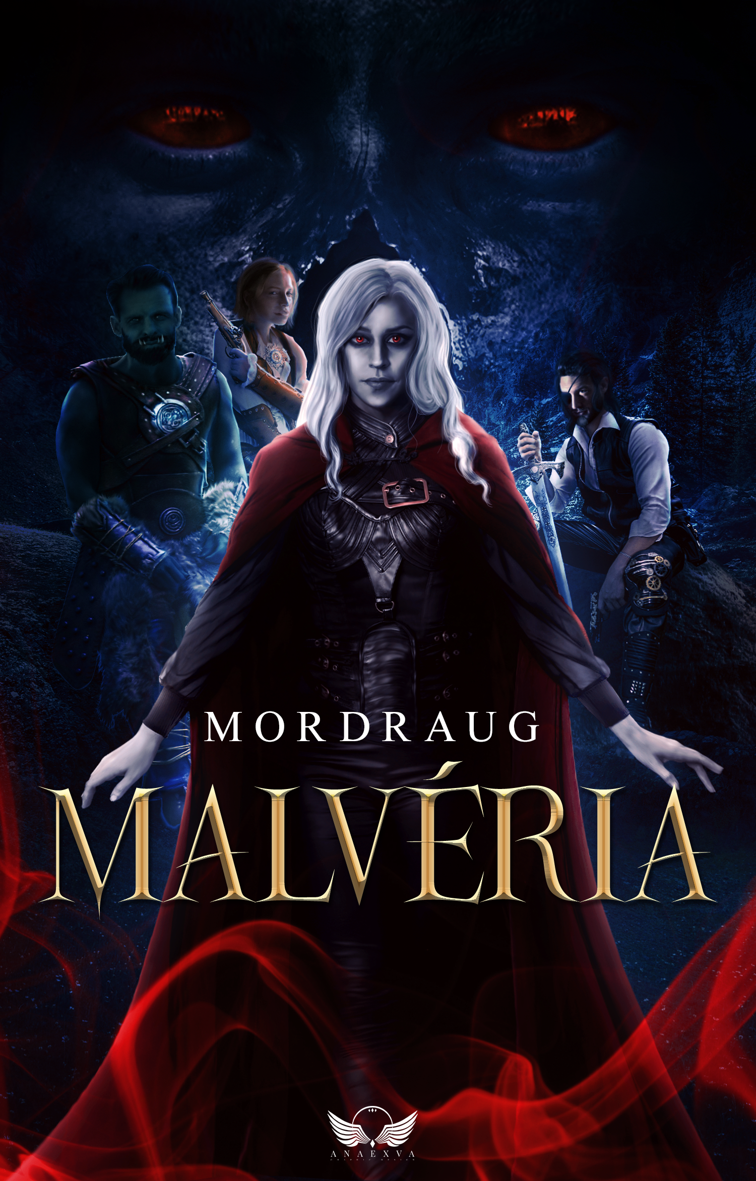 Affiche du film 'Maléfia' avec un groupe de personnages fantastiques, dont une femme blonde avec des yeux rouges au centre, un homme avec une barbe et une armure, une femme avec une arme, et un homme avec un marteau, sous un ciel sombre avec une masse de visages en arrière-plan.