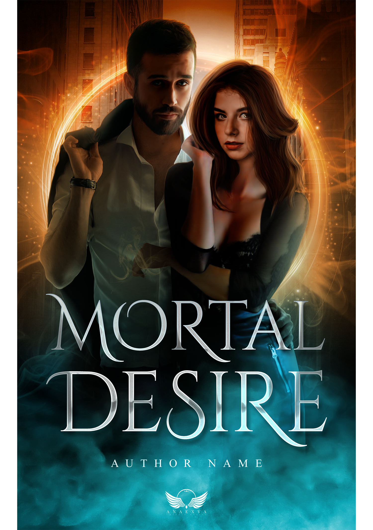 Couverture de livre de fantasy avec un homme et une femme posant devant un fond urbain de nuit, entourés de lumière orange et de brouillard, avec le titre 'Mortal Desire' et le nom de l'auteur en bas, ainsi qu'un logo d'une oiseau stylisé.