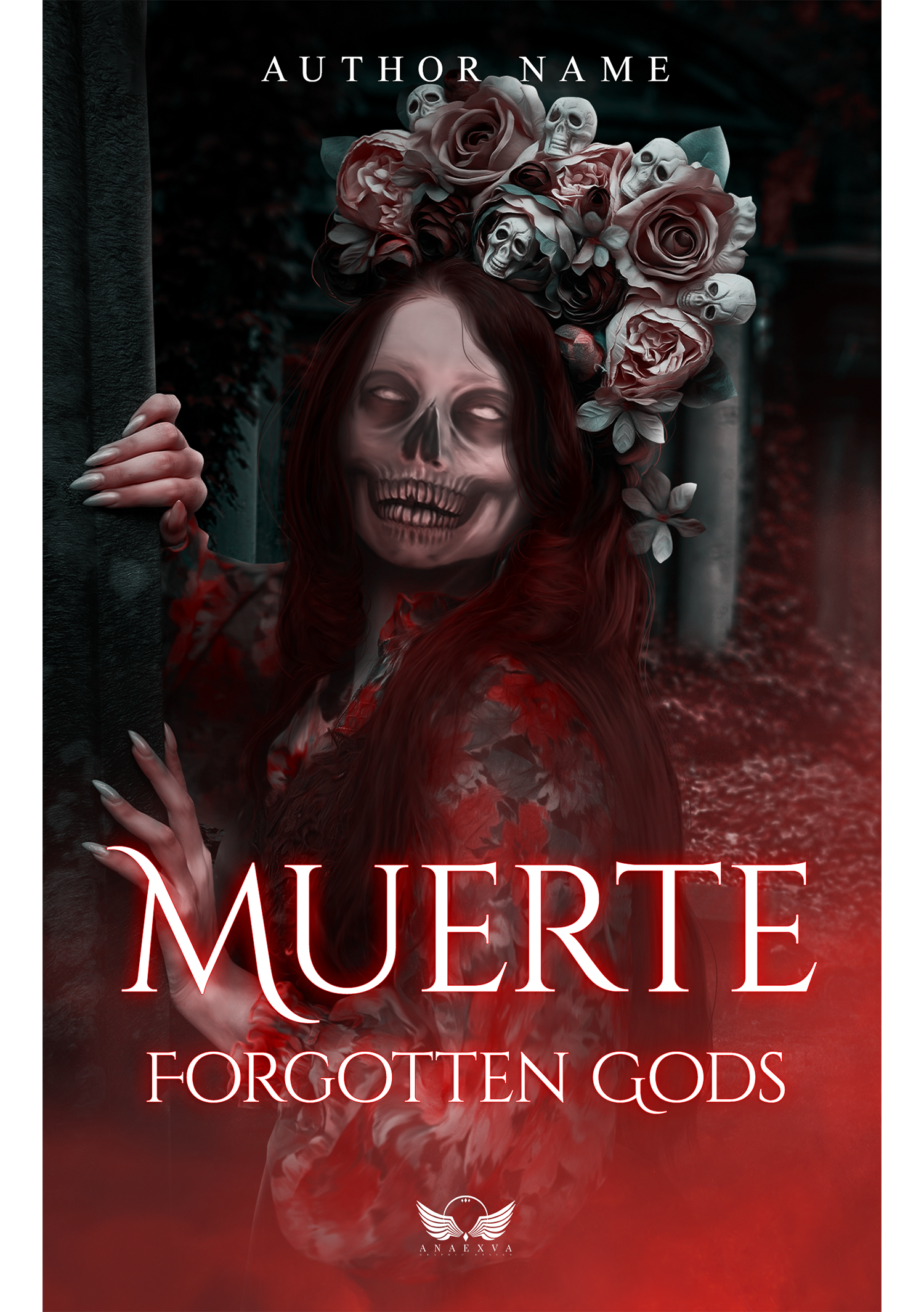 Une femme avec un visage de squelette, portant une couronne de roses et de petits crânes, derrière une colonne, avec un fond sombre et rougeâtre. Texte en français et anglais : "MORTE » et "FOGGOTTEN GODS." Logo de la maison d'édition ANAEXVA en bas.