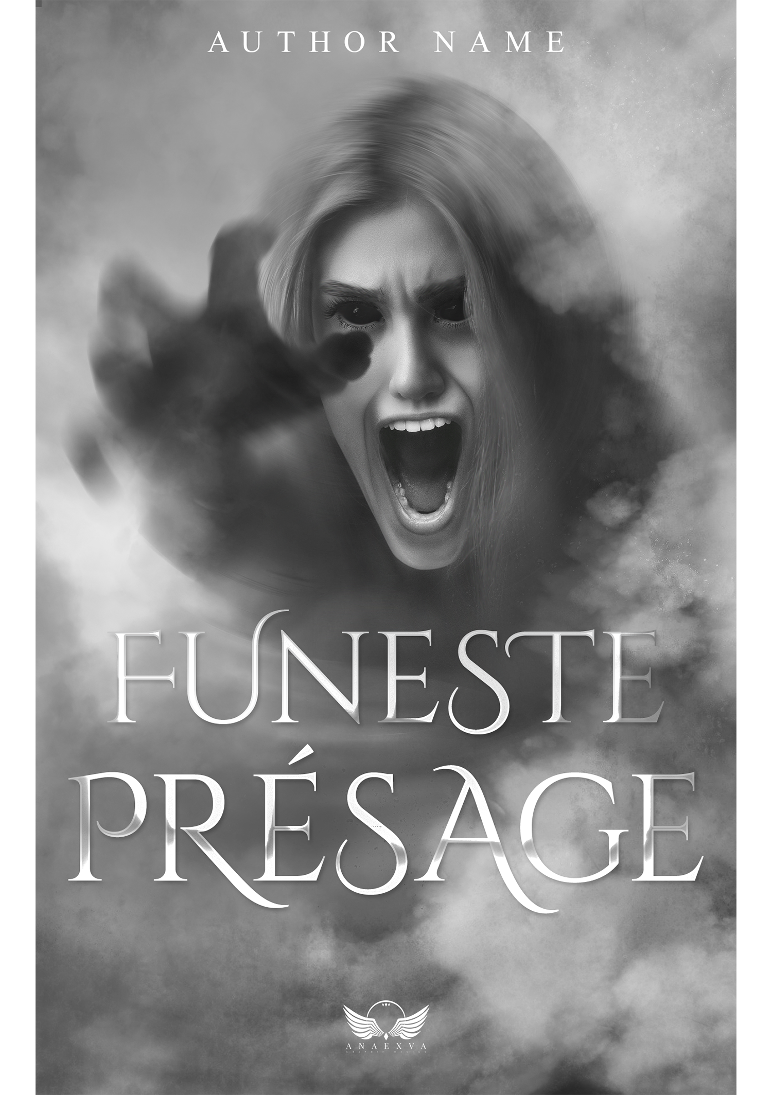Une image en noir et blanc d'une femme avec une expression agressive, la bouche ouverte et le bras tendu vers l'avant. Le fond est nuageux ou brumeux. Il y a du texte en haut et en bas de l'image, avec un logo en forme d'aile au centre en bas. Le texte en haut dit 'AUTHOR NAME' et le texte en bas dit 'ELENËSE PRÉFACE'.