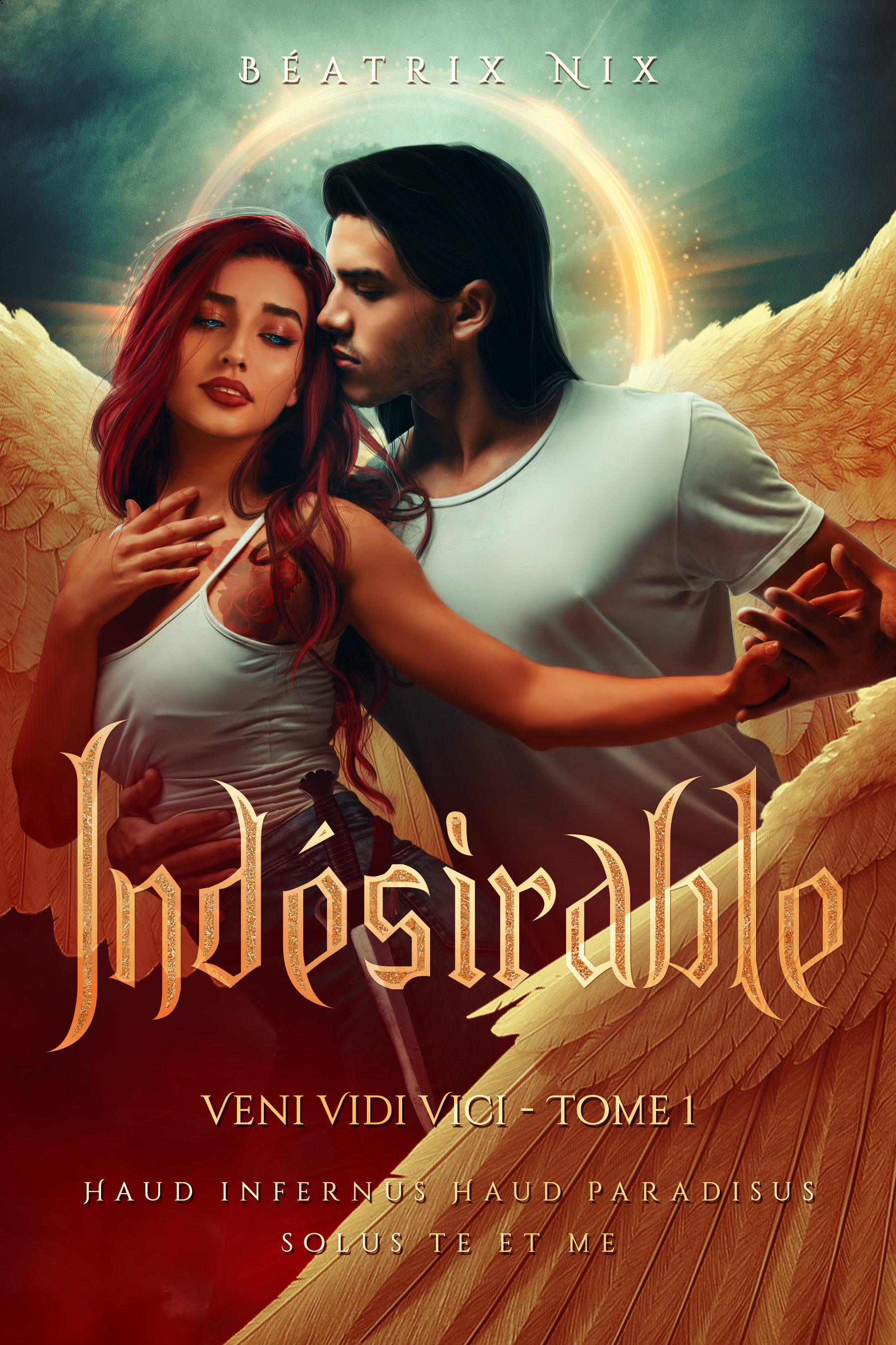 Une affiche de style fantasy représentant un homme et une femme dans une pose romantique, avec un halo lumineux et des montagnes dorées en arrière-plan. Texte en français et en anglais, avec un style artistique et mystérieux.