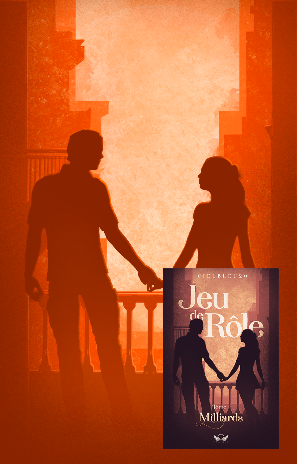 Silhouettes d'un homme et d'une femme se tenant la main sur un balcon, avec une lumière orange en arrière-plan, ainsi qu'une image de la couverture d'un livre intitulé 'Jeu de Rôle'.
