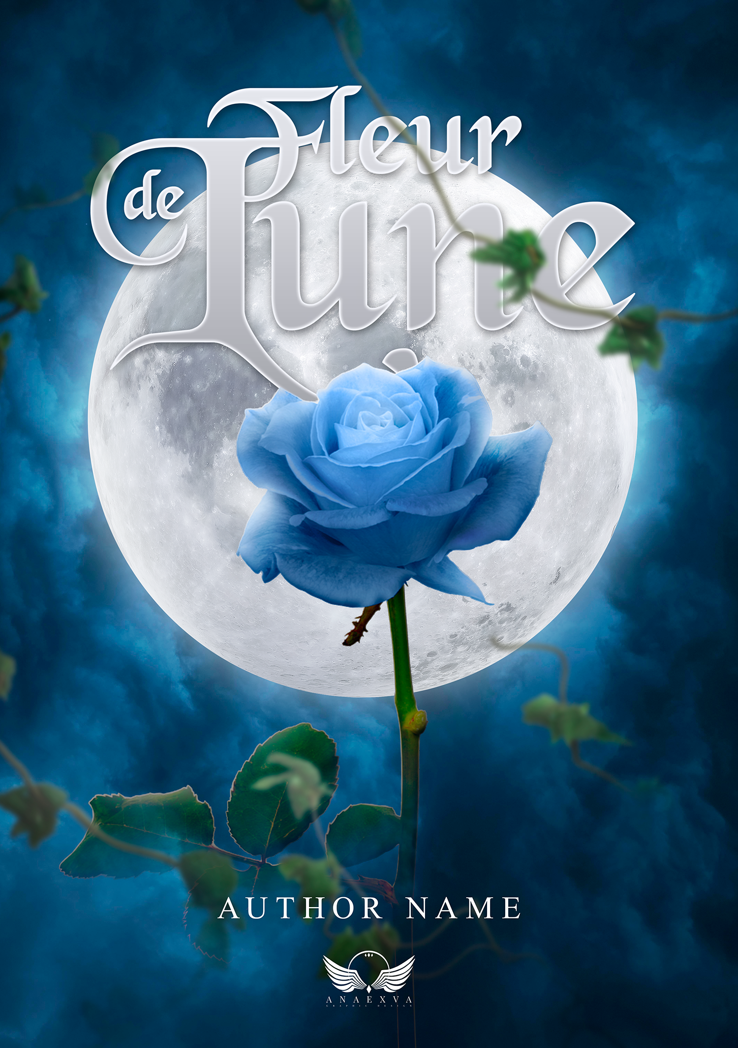 Couverture de livre avec une grande lune en arrière-plan, une rose bleue en premier plan, des feuilles vertes, le titre 'Fleur de Lune' en texte blanc, et un logo de ailes avec le texte 'ANAEXVA' en bas.