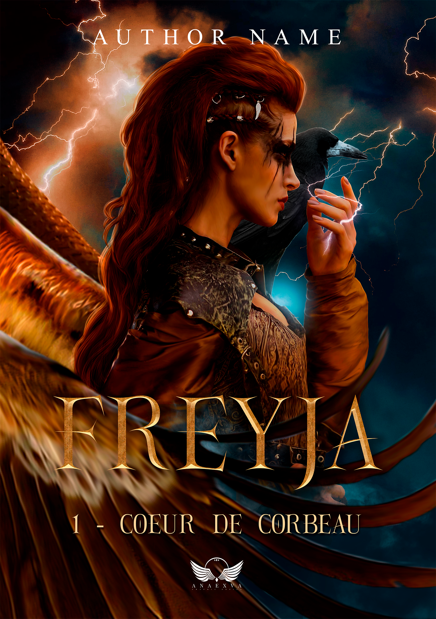 Affiche de roman avec une femme aux cheveux roux, crinière de lion, et un masque de corbeau, avec un fond d'orage et d'éclairs, texte en français 'Erebya, 1- Coeur de Corbeau', et logo en bas.