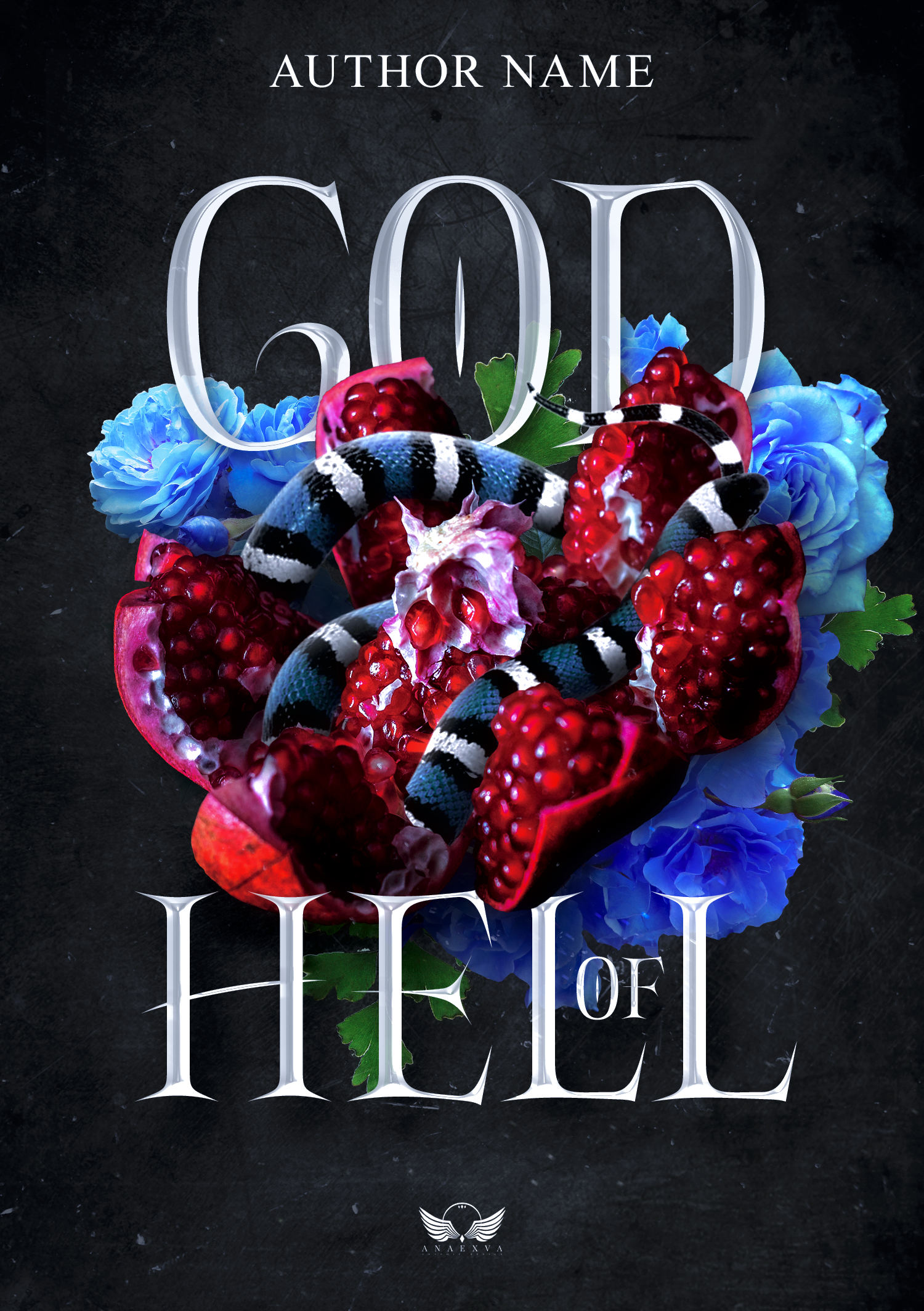 Couverture de livre avec le titre 'Héritage' en lettres blanches sur un fond noir, orné d'une composition florale de chrysanthèmes bleus et de fruits rouges, autour d'un serpent rayé noir et blanc et d'un symbole d'ancre ailée avec le nom 'ANAEXVA' en bas.