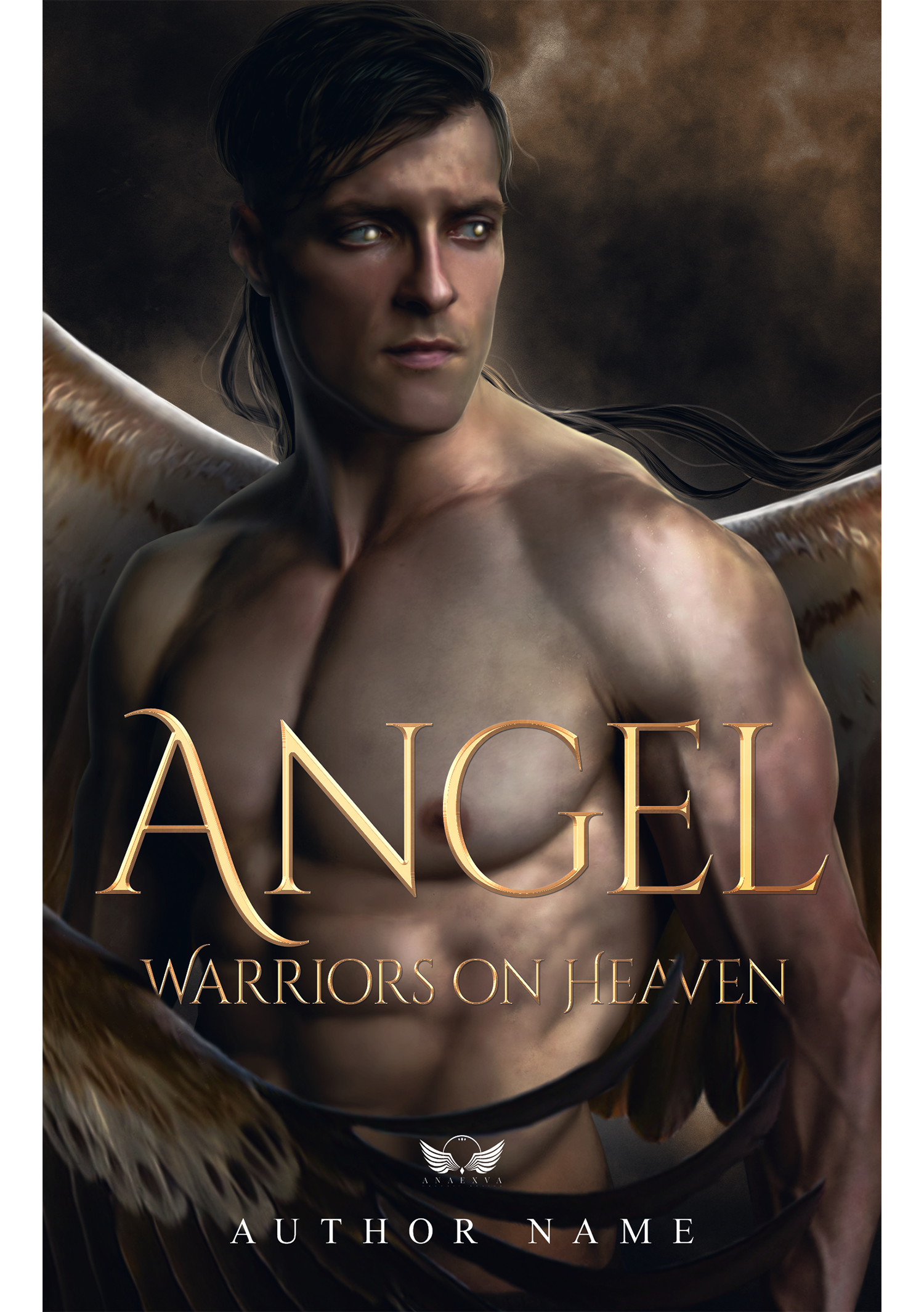 Une femme nue avec des ailes, regardant vers la droite, dans un ciel orageux, avec le titre 'Angel: Warriors on Heaven' en bas et un logo d'une aile blanche.