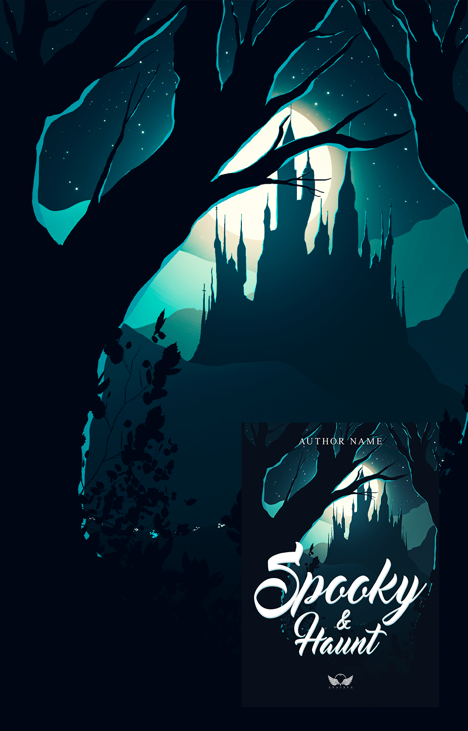 Couverture de livre stylisée représentant une scène nocturne avec des montagnes, des stalactites, une pleine lune, des arbres noirs et des oiseaux en vol.