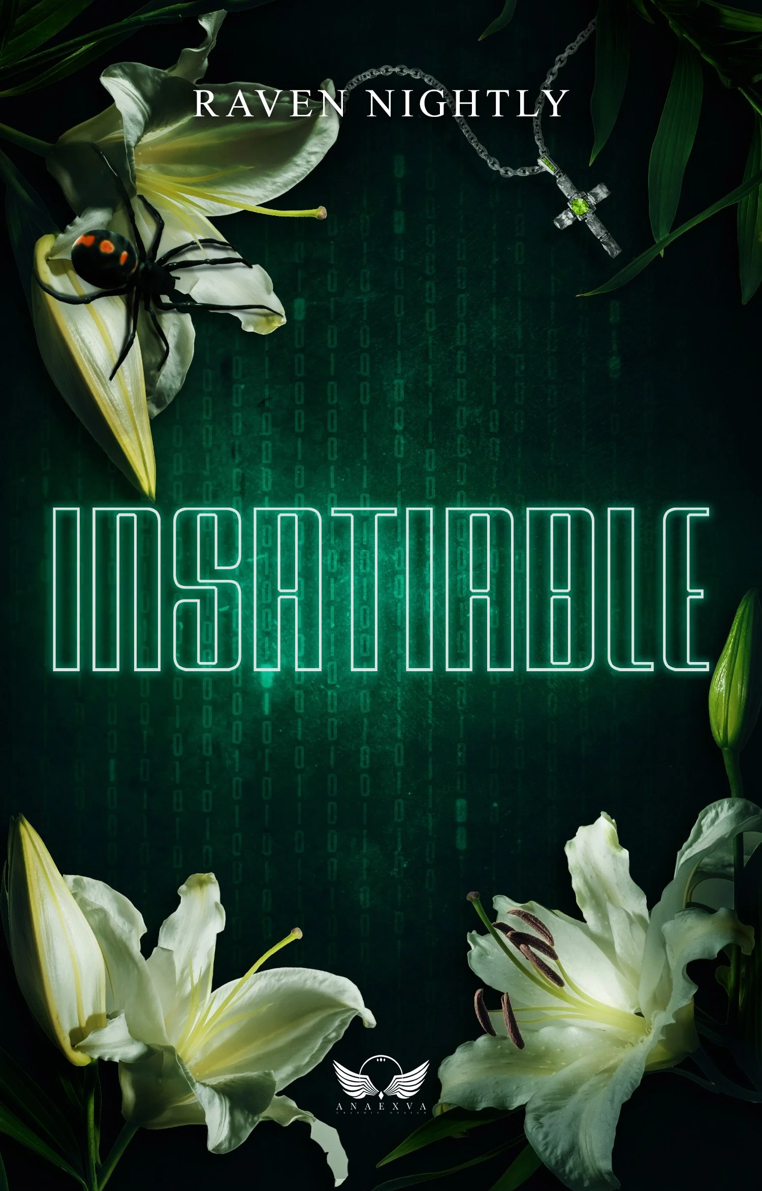 Carte ou affiche avec le texte 'Raven Nightly' et 'Insurrection', décorée de fleurs blanches de lys, et une croix avec une pierre précieuse verte, fond numérique avec des chiffres verts