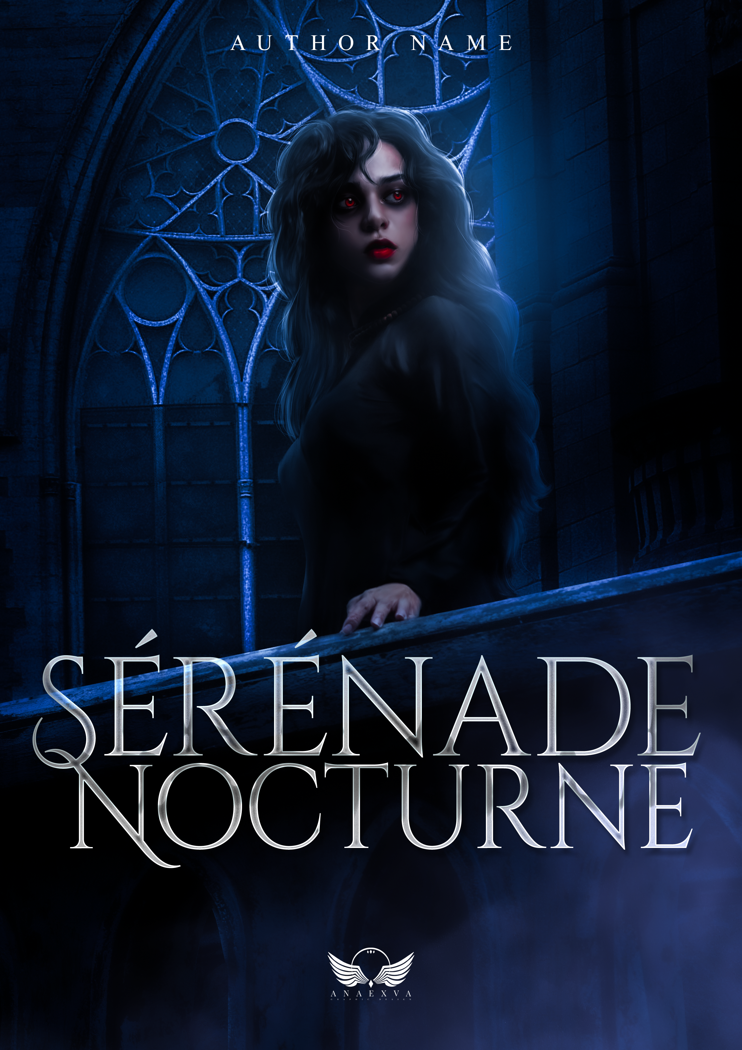 Une femme à la peau pâle avec des yeux rouges et des lèvres rouges, dans une ambiance sombre et mystérieuse, devant une grande fenêtre en vitrail en forme d'arc, avec le titre en français 'Sérénade Nocturne' en bas de l'image et un symbole d'ailes d'oiseau et le texte 'ANAEXVA'