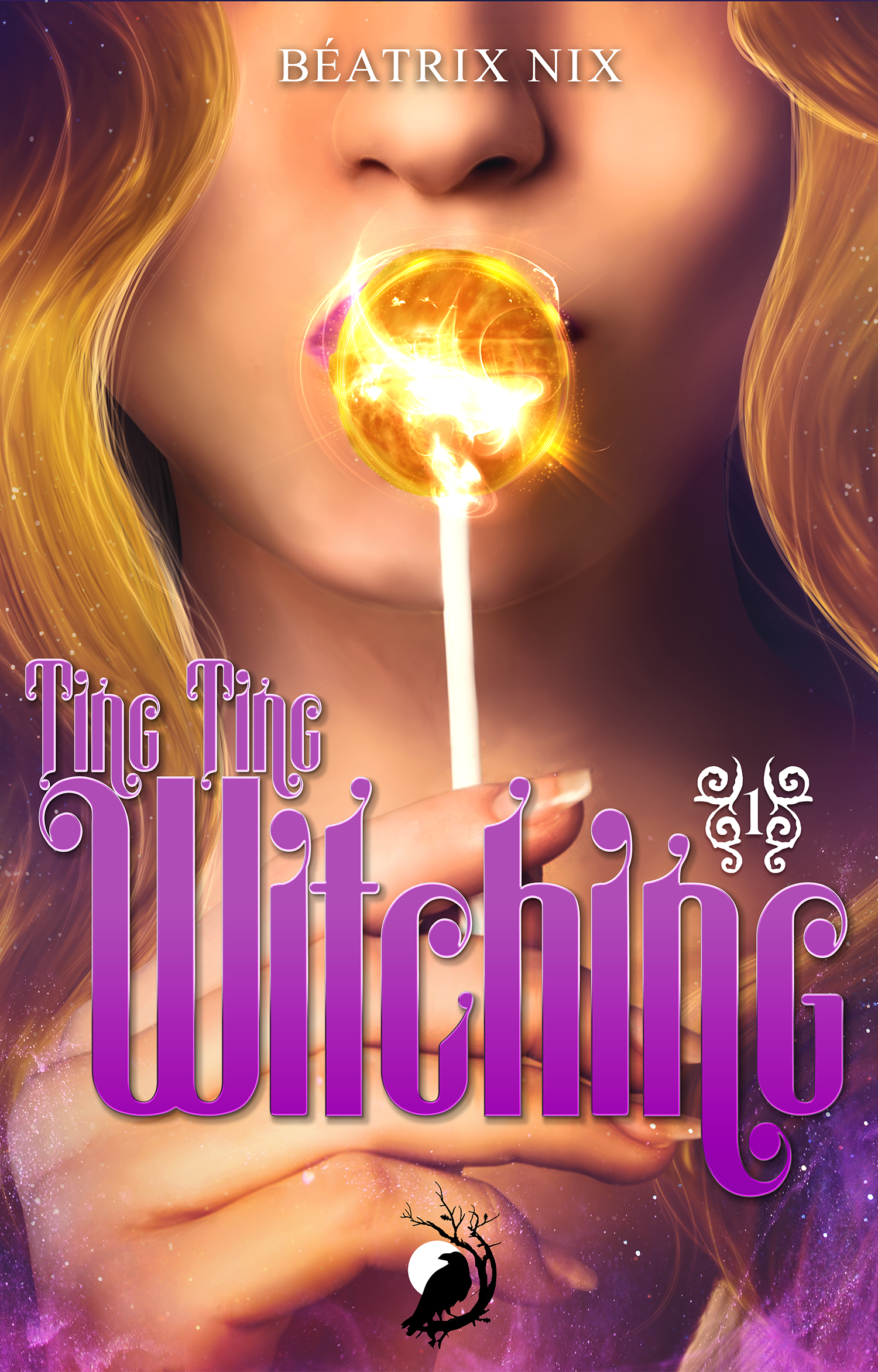 Couverture du livre illustrée représentant une femme avec de longs cheveux roux qui tient une sucette avec un soleil brillant. Le titre est écrit en violet avec une police stylisée et lumineuse. La couverture a un fond cosmique avec des étoiles et un
